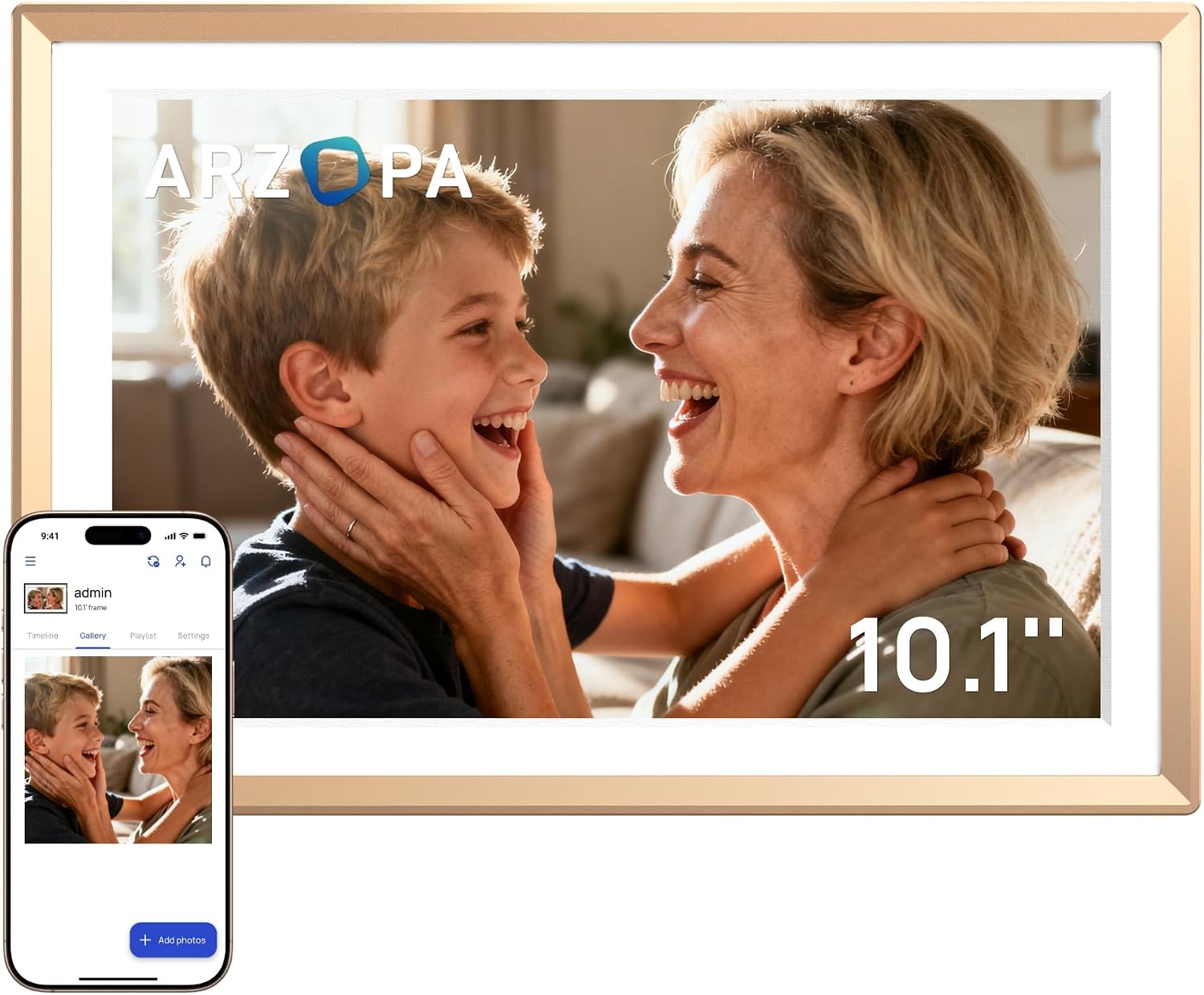 Detalle de ARZOPA 10.1" Metal Digital Photo Frame D10 Gold – Free Cloud Storage & Touchscreen