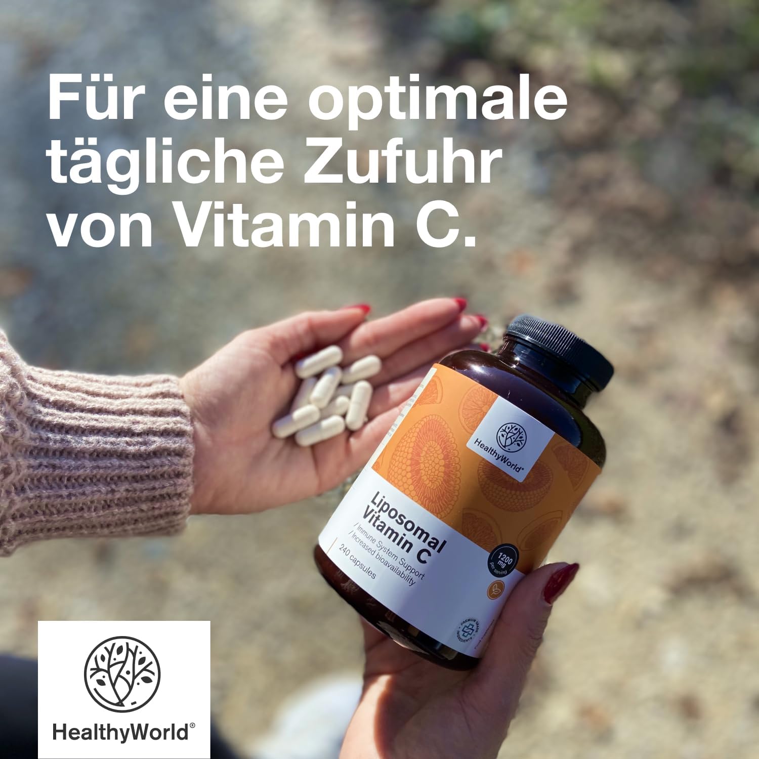 Detalle de HealthyWorld Liposomales Vitamin C – 240 Pflanzenkapseln (1200 mg/Tag) mit Hagebutte & Sonnenblumen-Phospholipiden