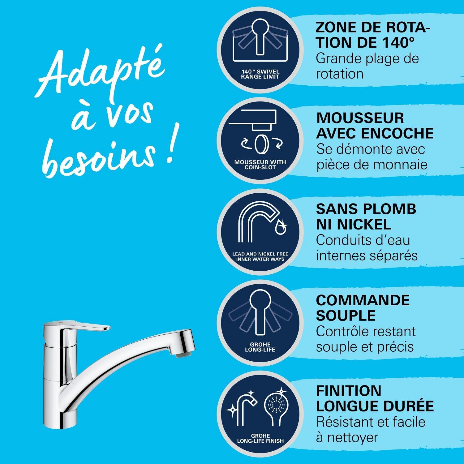 Thumbnail 4 de GROHE StartEco Mitigeur Monocommande Évier Chromé – Rotation 140°, Mousseur avec Fente sans outil