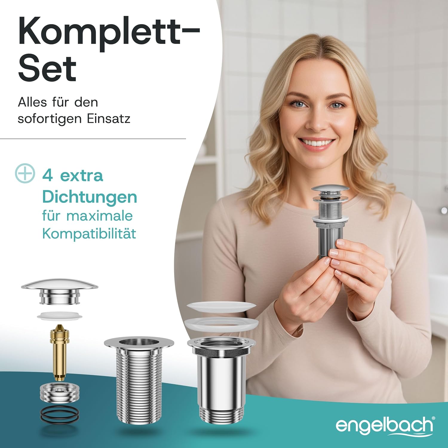 Thumbnail 6 de Engelbach Universal Waschbecken Ablaufgarnitur – Pop-up Click-Clack Ablaufventil 1 1/4" ohne Überlauf