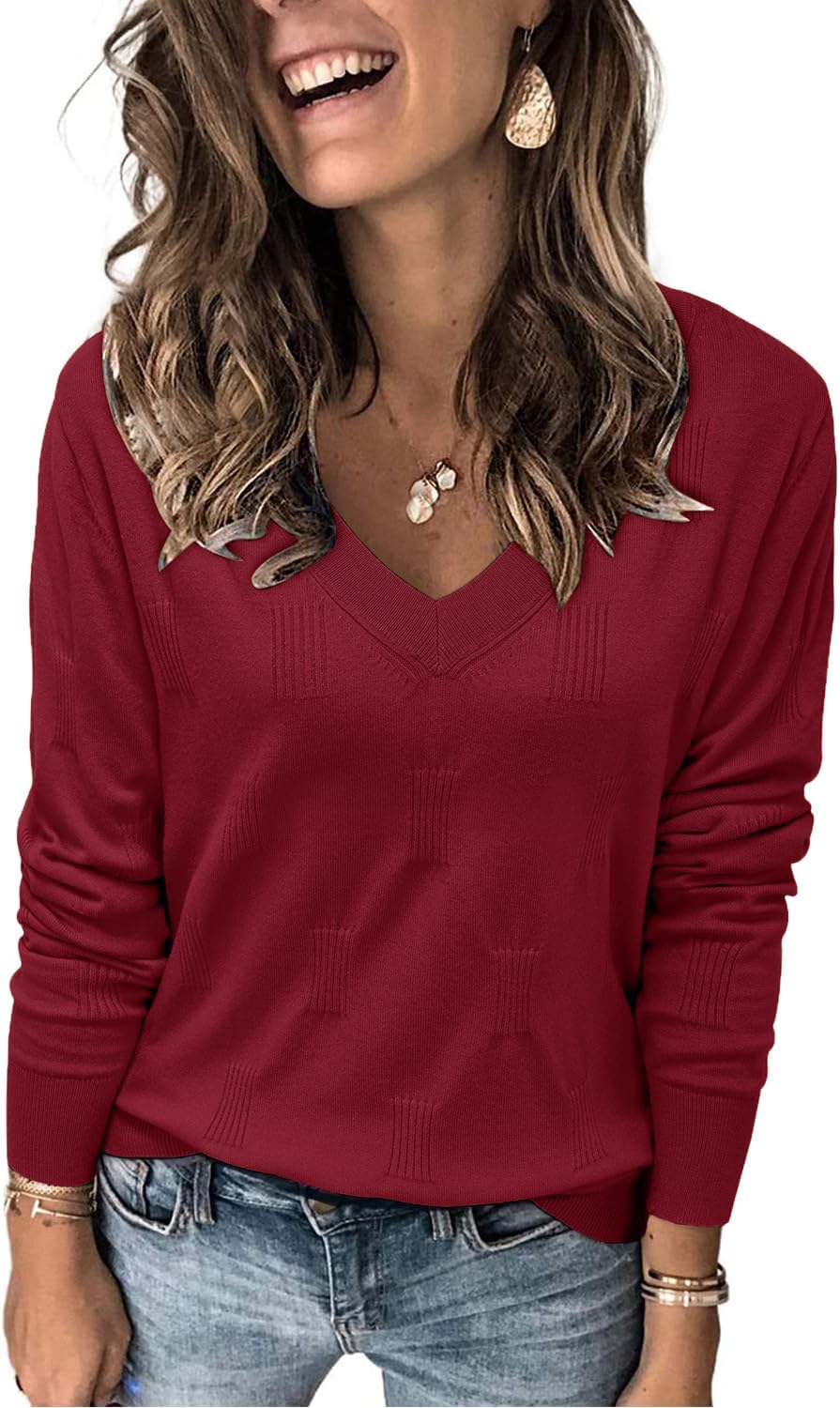 Detalle de Arach&Cloz Women's Lightweight V-Neck Knit Sweater, Long Sleeve