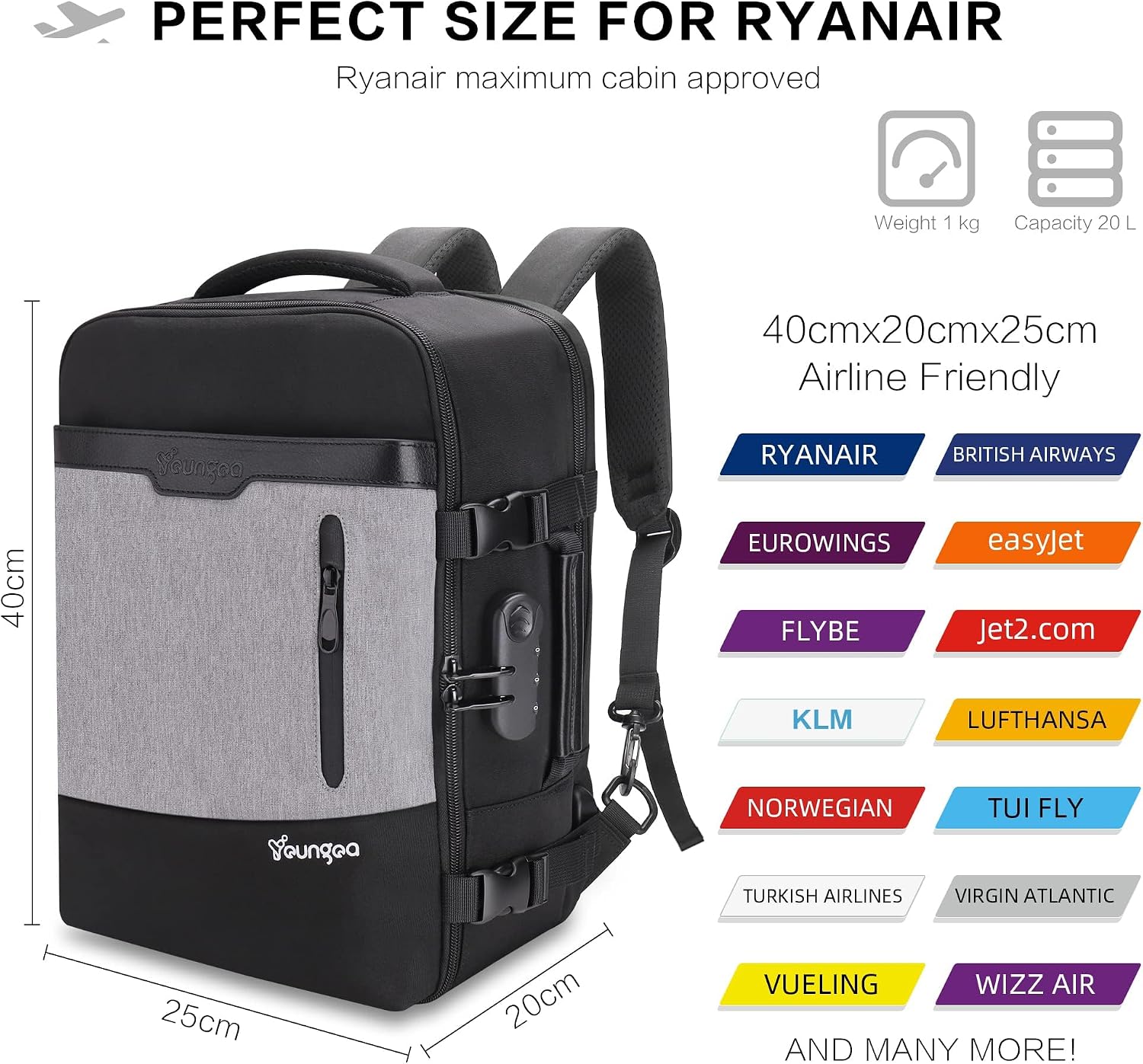 Detalle 2 de YOUNGOA Mochila Cabina Avión 20L con Compartimento Pórtatil ✈