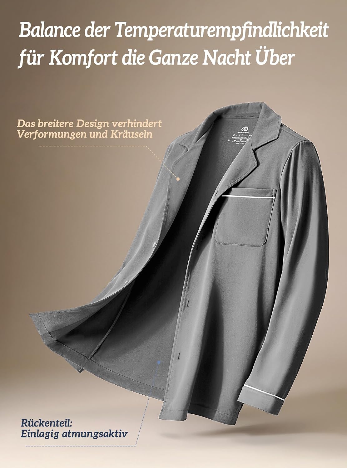 Detalle de DAVID ARCHY Herren Schlafanzug lang aus Baumwolle – Pyjama mit Taschen, Kordelzug und V-Ausschnitt