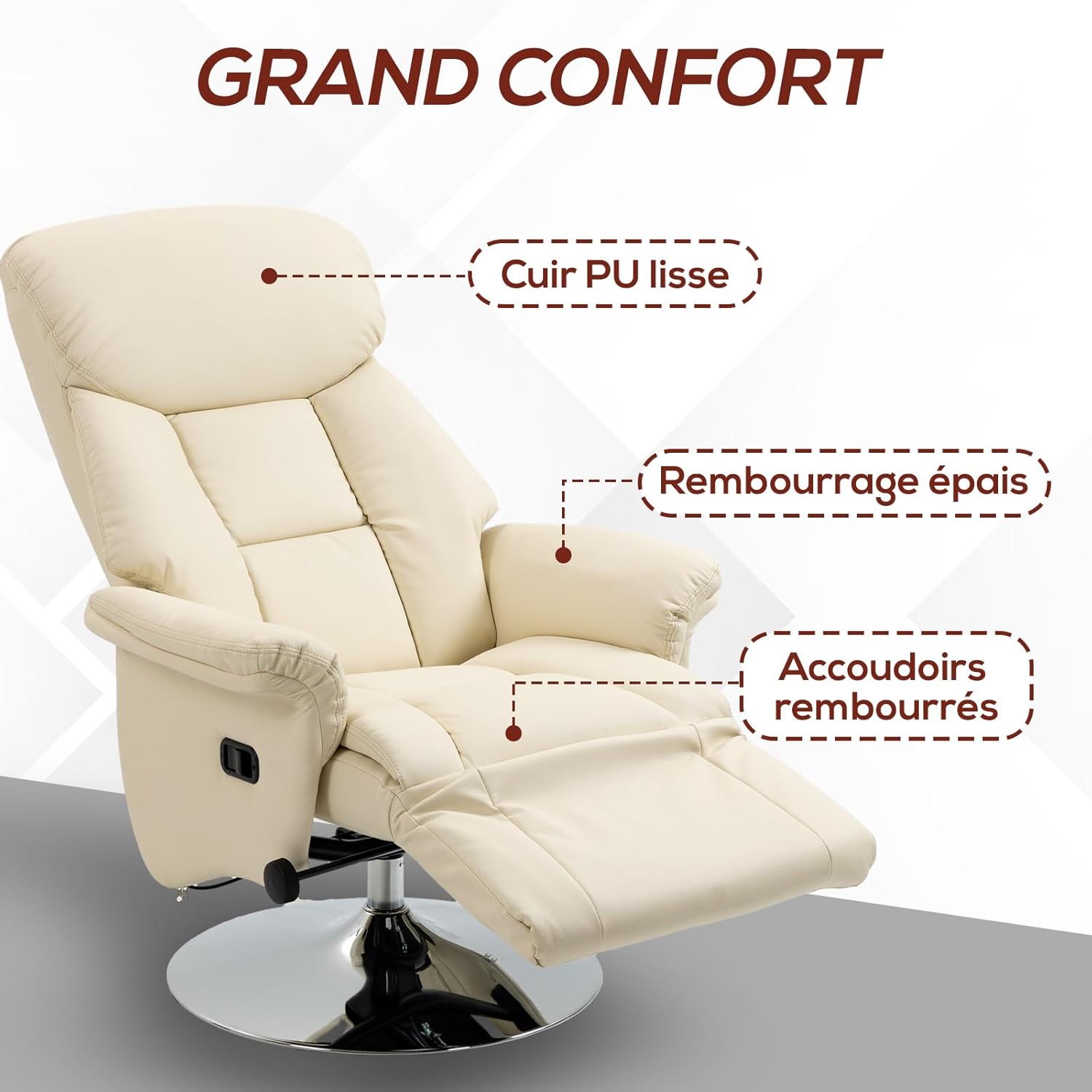 Detalle de HOMCOM Fauteuil de relaxation inclinable pivotant avec repose-pieds – Crème