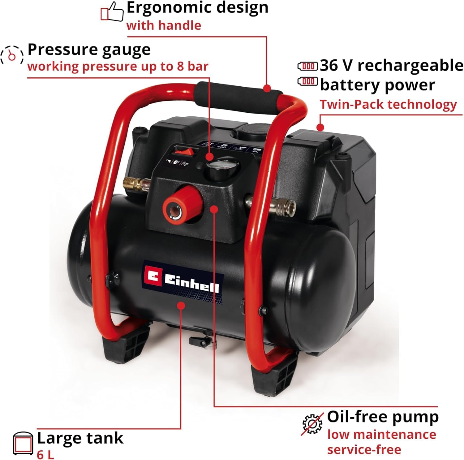 Detalle 2 de Einhell Cordless Air Compressor 36V Power X-Change: Oli-Free Tyre Inflator, 6L Tank (Body Only)