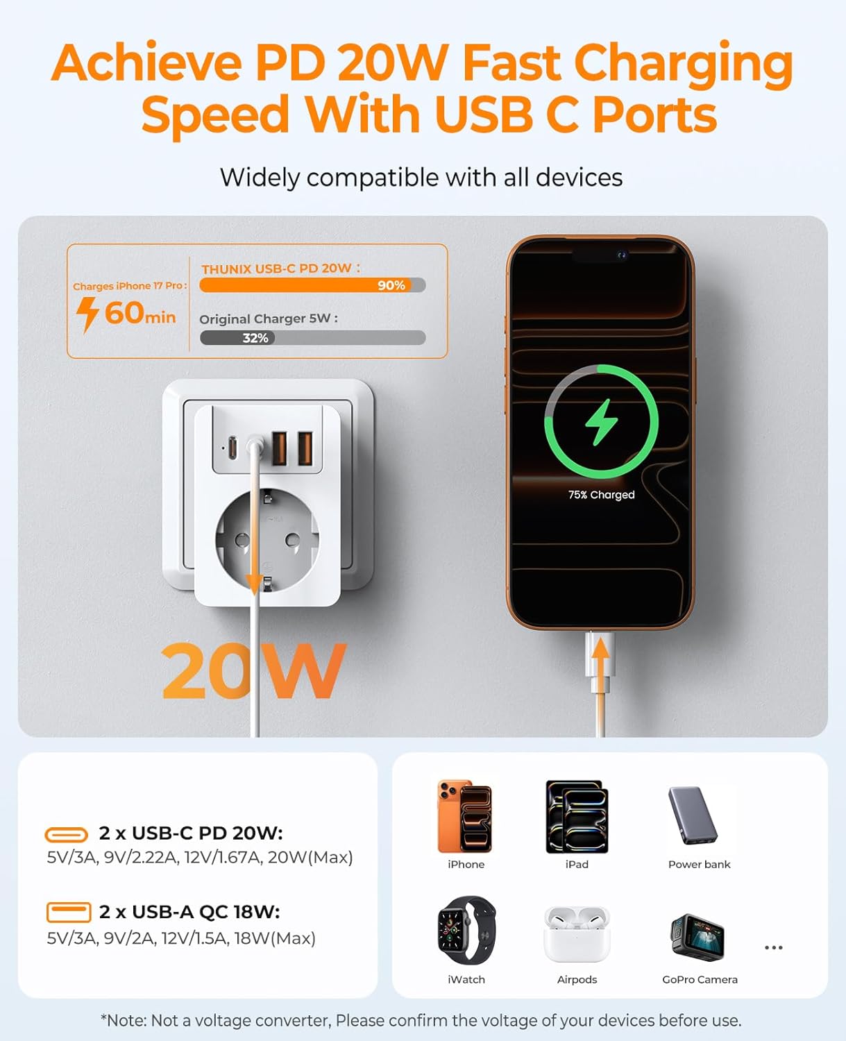 Thumbnail 2 de THUNIX adaptateur de voyage universel avec USB‑C PD 20W et 6 fiches détachables (UK/AUS/USA/Afrique du Sud/Japon/Europe) – Blanc