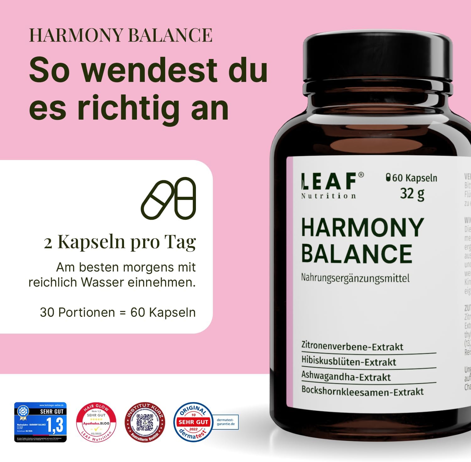 Detalle de LEAF HARMONY BALANCE Balance-Kapseln für Frauen mit Vitamin B6, Ashwagandha, Pinienrinde & Ginkgo – 60 vegane Kapseln