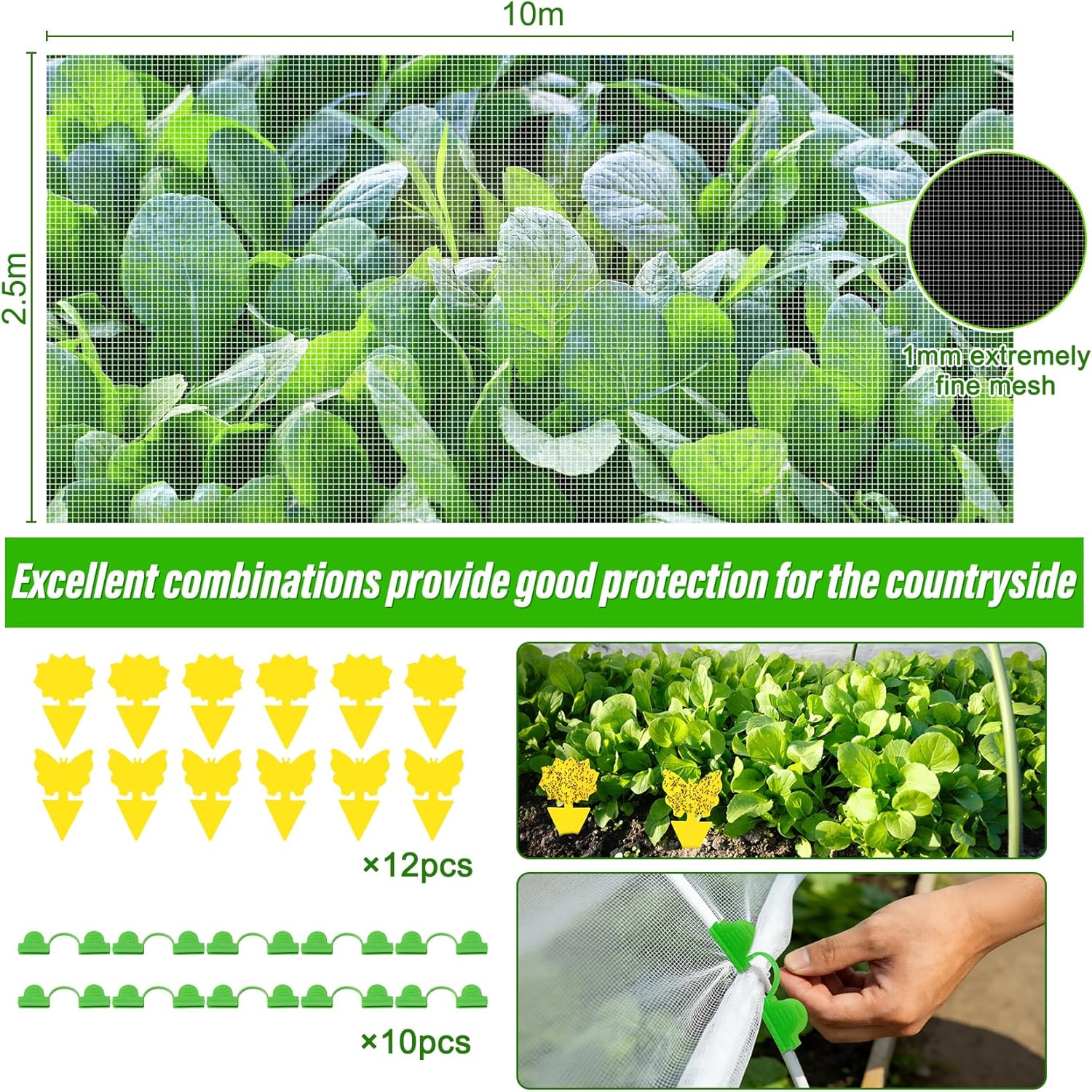 Thumbnail 1 de Vegamall Gemüseschutznetz 2,5 × 10 m mit Klebefallen und Klemmen – 3-in-1 Gartenschutz-Set