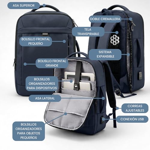 Detalle de EDIESI Mochila de Cabina 40x30x20 cm: Expandible, impermeable y con puerto USB para portátil 15,6” — Azul Marino