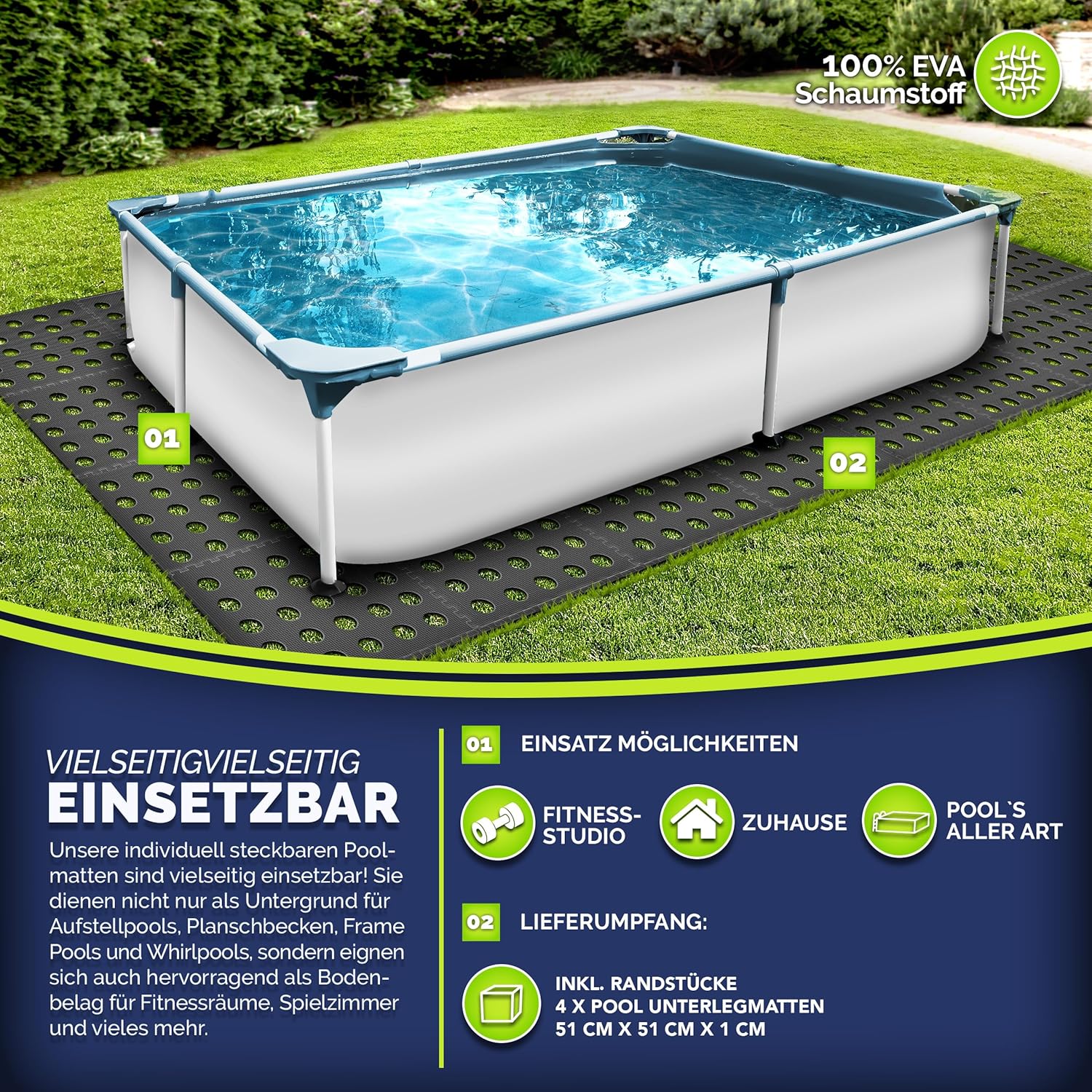 Thumbnail 6 de tillvex Protezione per pavimento piscina 4 pezzi con fori 51x51 cm – Materassino in EVA per pavimento piscina