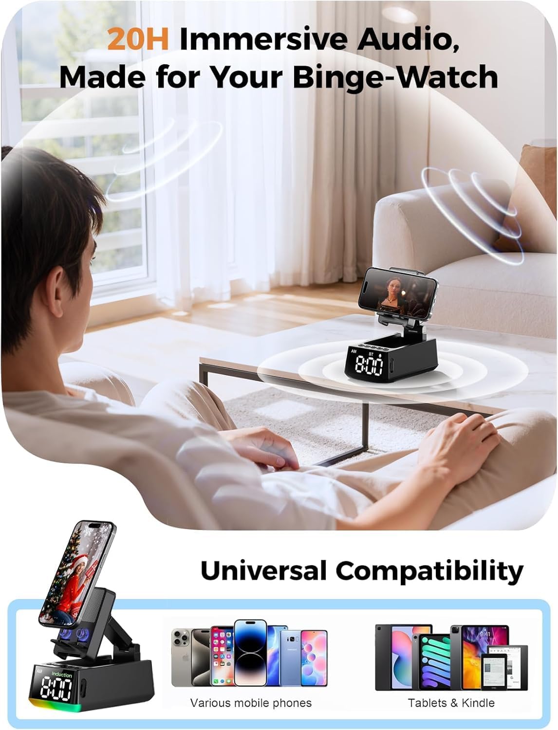 Thumbnail 3 de BBL Wireless HD Surround Sound Bluetooth Speaker with Foldable Stand, Adjustable Phone Holder and LCD Alarm Clock
