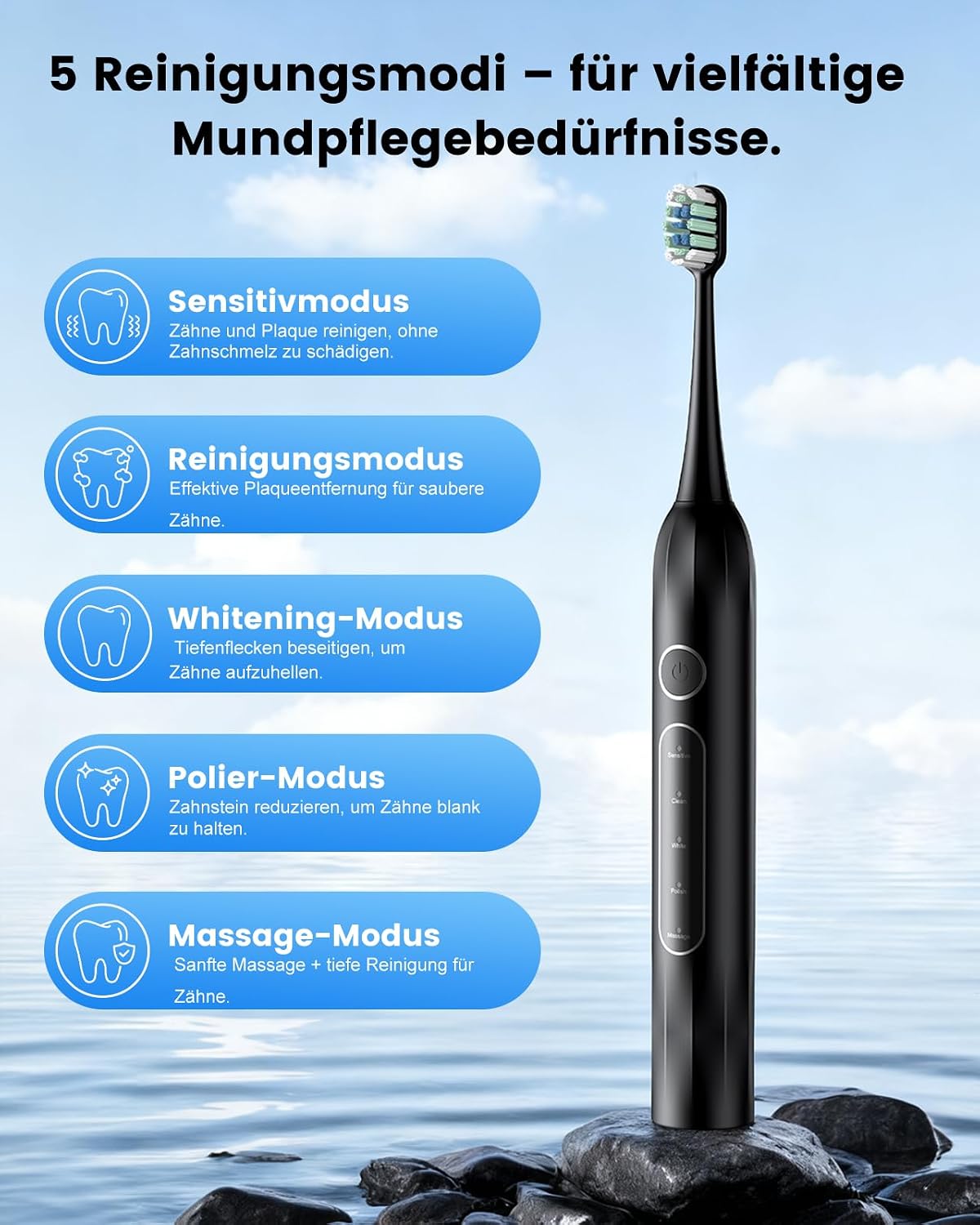 Detalle de Elektrische Schallzahnbürste 5‑Modi mit 8 Bürstenköpfen 🪥