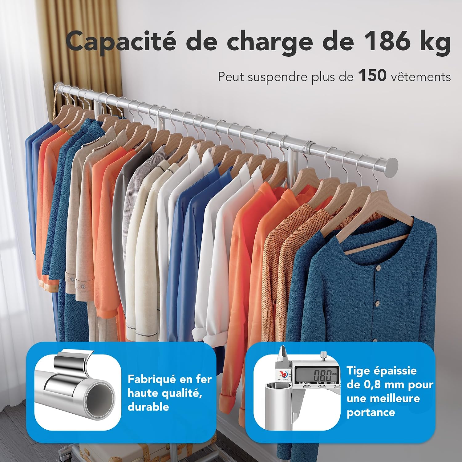 Detalle de HOKEEPER porte-vêtements sur roulettes à 2 niveaux, structure chromée argent (charge 150 kg)