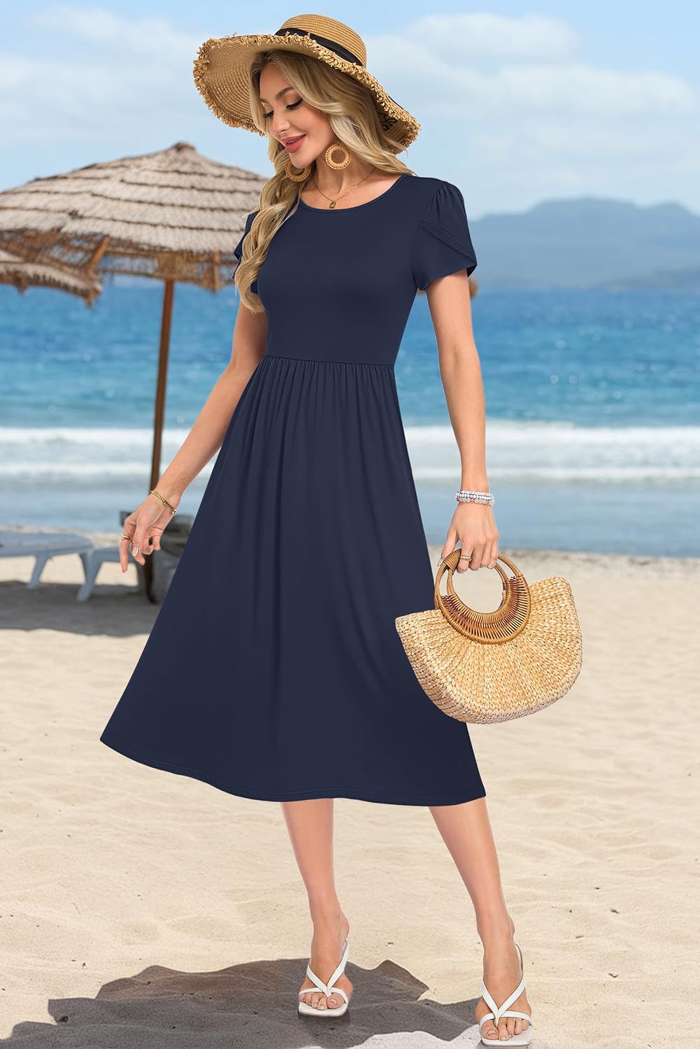 Detalle de Molerani Damen Sommerkleider – Kurzarm Rundhals Midikleid mit Tasche, A‑Linie, knie-lang