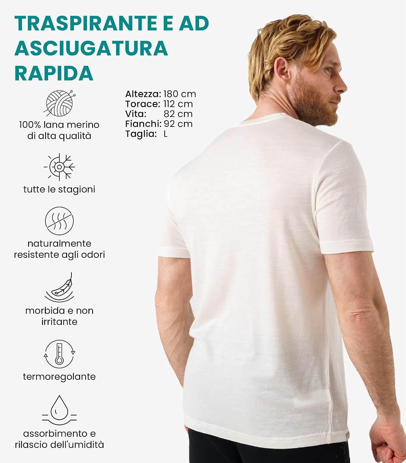 Detalle de Merino.tech Maglietta Lana Uomo – 100% Lana Merino Biologica, intimo leggero e traspirante