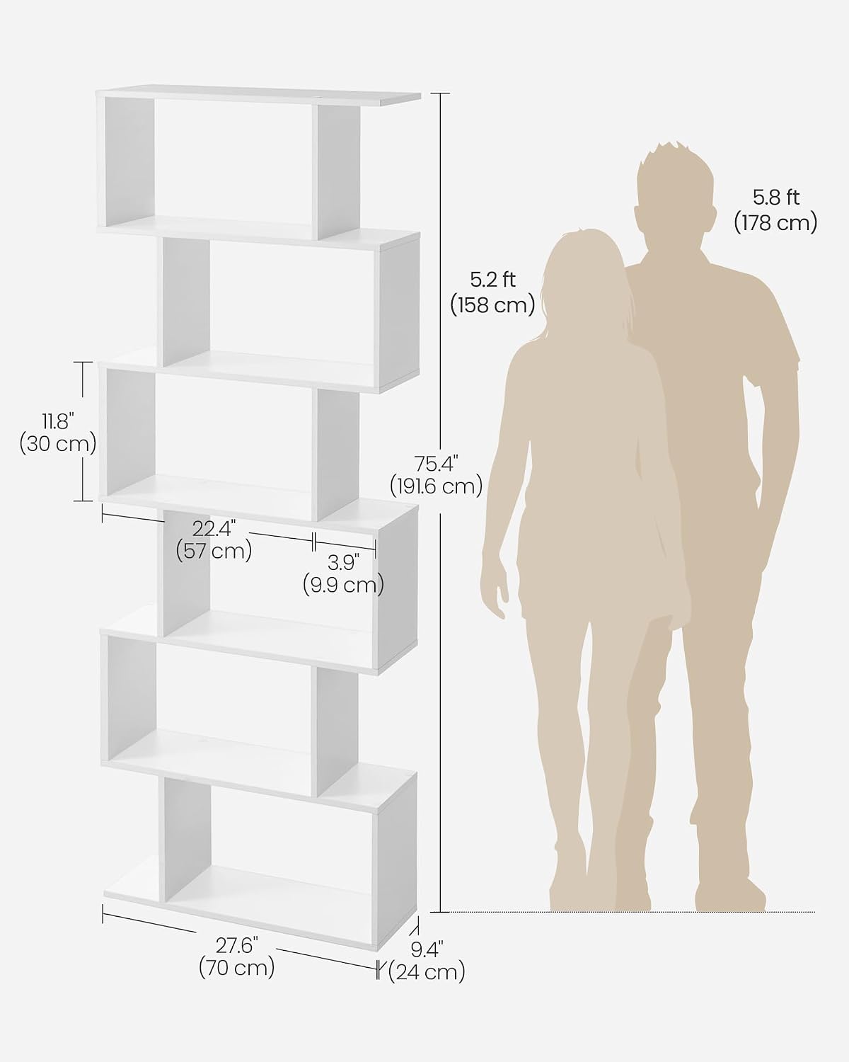 Detalle de VASAGLE CUSTOS ULBC61WTV1 6-Shelf Bookcase, White, S-Shaped