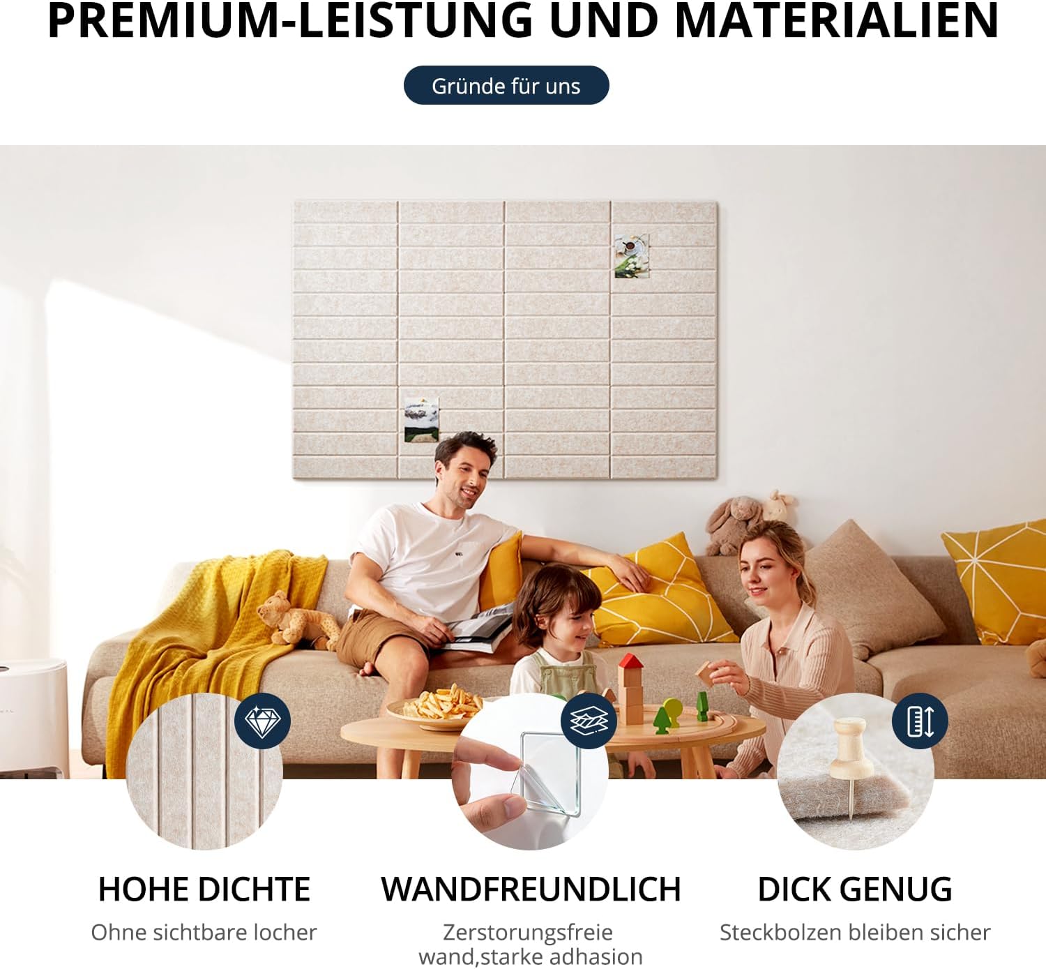 Detalle 2 de Woovio große Filz Pinnwand selbstklebend 120×90 cm (12er-Set) inklusive Klebepads – helles Kamel