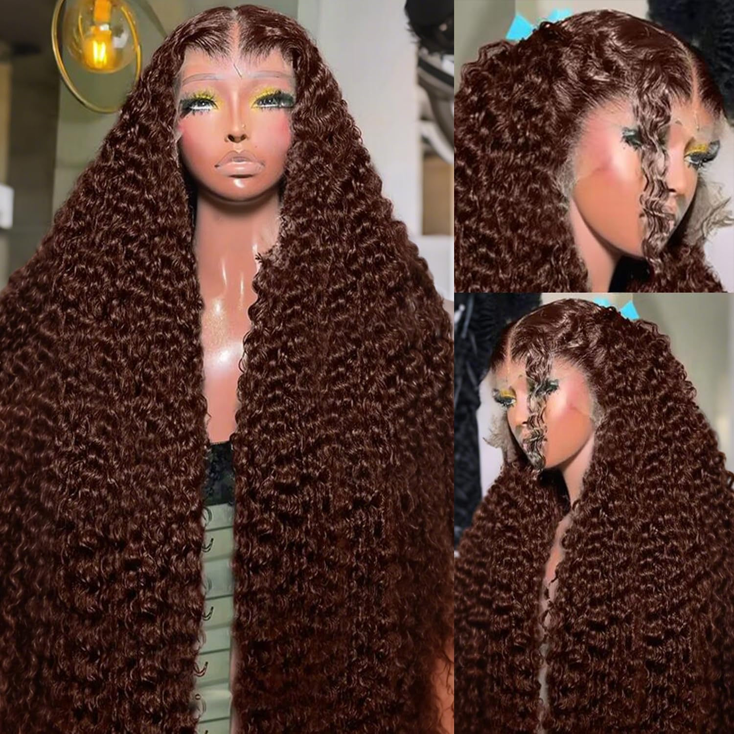 Thumbnail 6 de 3 In 1 Half Wig Human Hair Afro Kinky Curly Wig with Balayage Ombre Brown 250% Density - Glueless, Wear & Go