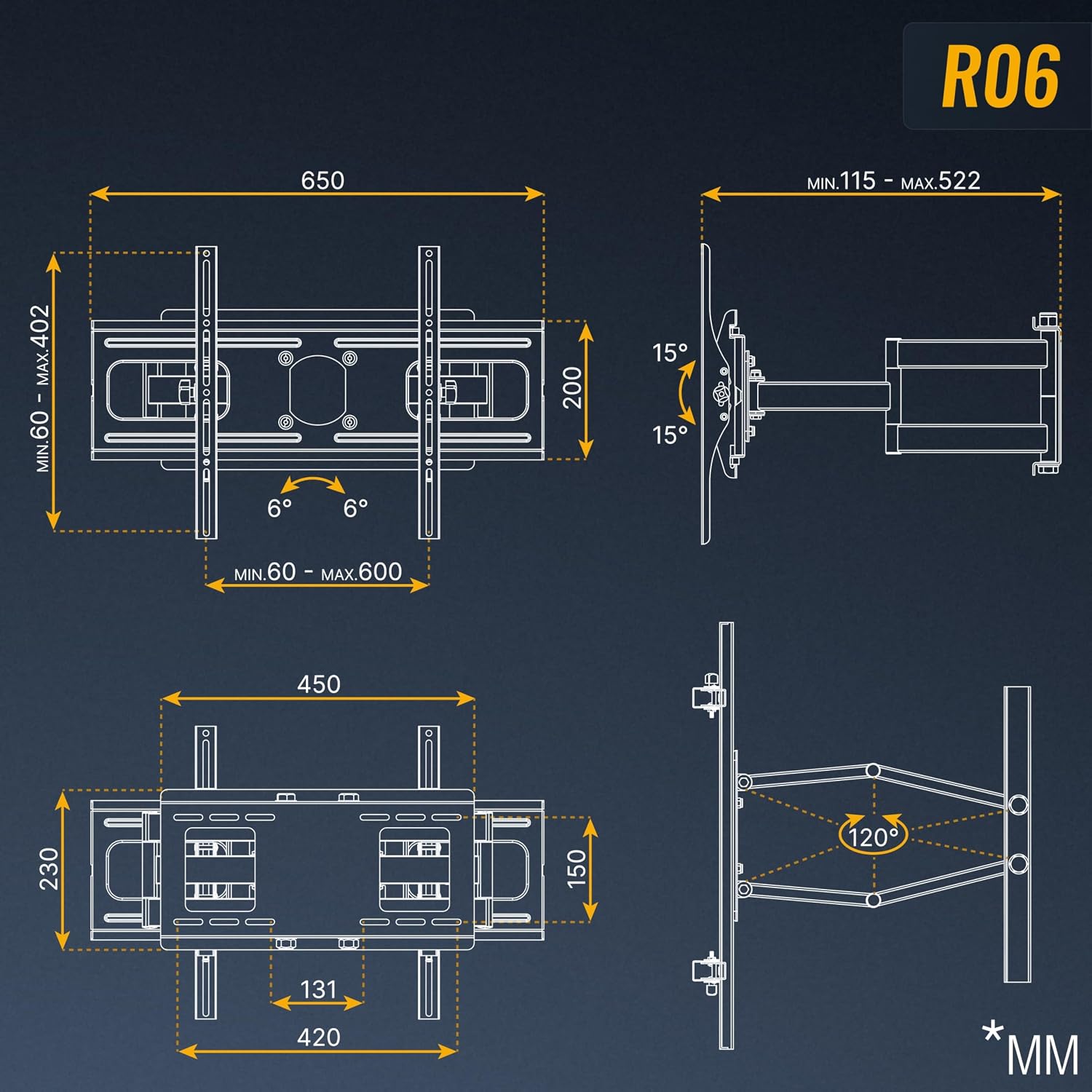 Thumbnail 6 de RICOO R06 TV-Wandhalterung schwenkbar für 40–85 Zoll, bis 95 kg, VESA 600x400 (400)x400 mm