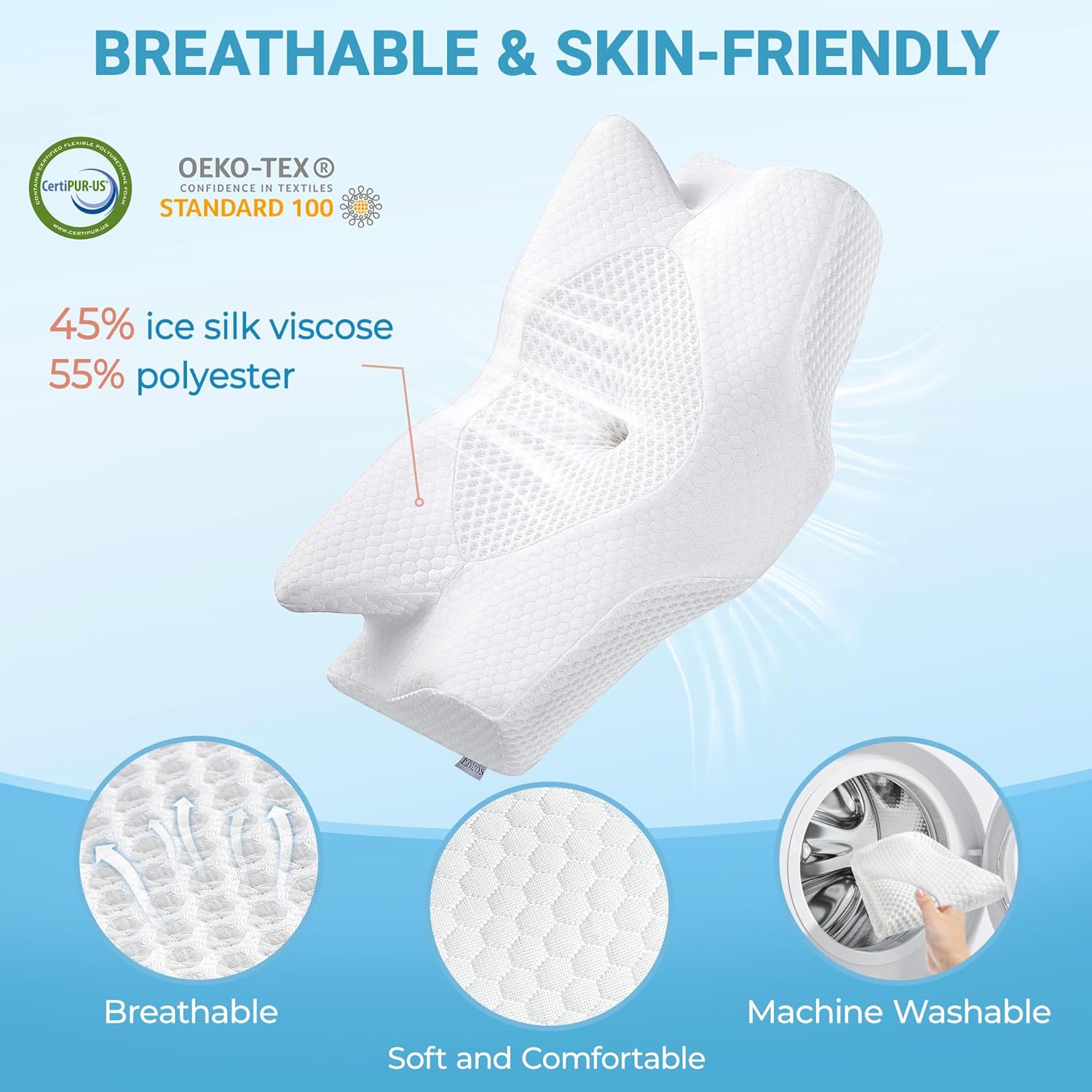 Thumbnail 4 de Elviros Memory Foam Seitenschläferkissen – ergonomisch geformt gegen Nacken- und Schulterbeschwerden, 64 x 12,5/10,5 x 38 cm, Grau