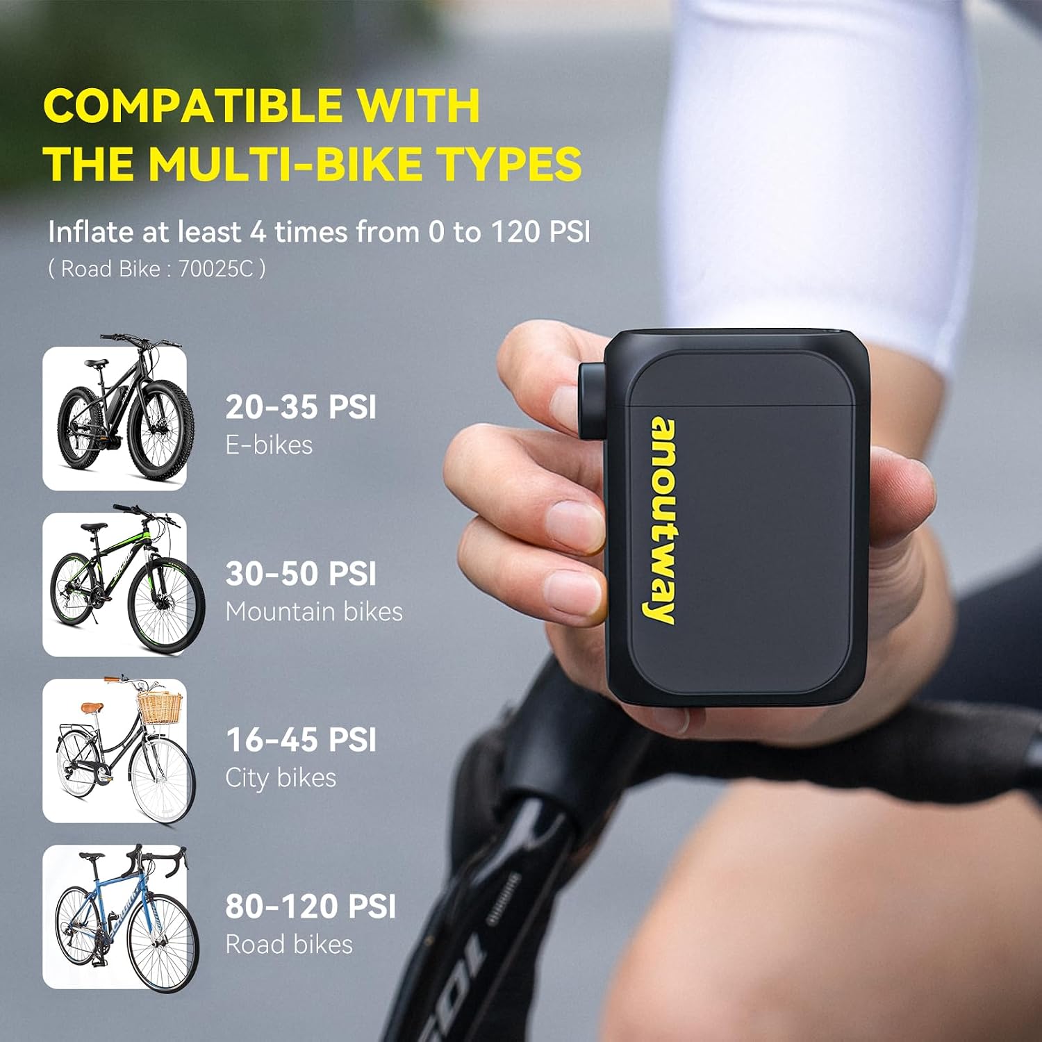 Thumbnail 6 de Anoutway Tiny E-Pump: pompa per bicicletta portatile con spegnimento automatico e manometro LED