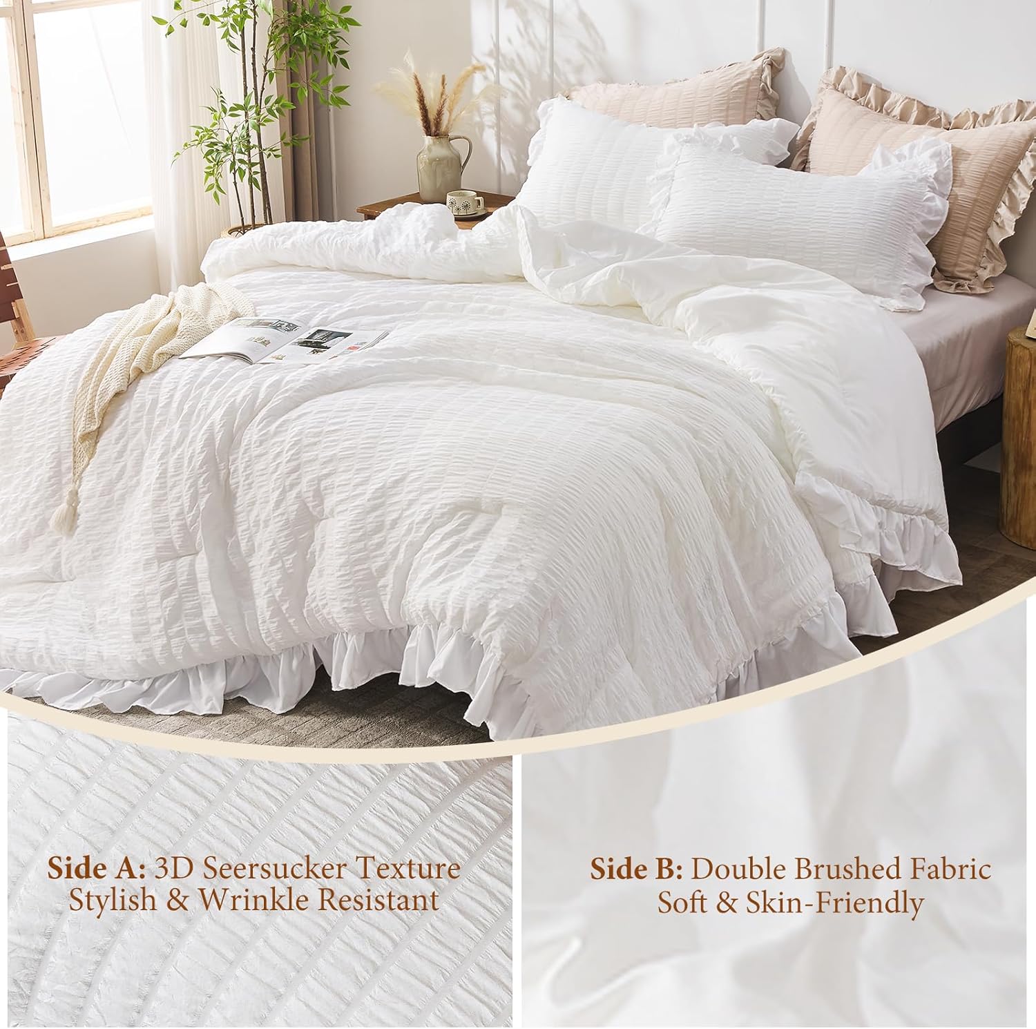 Thumbnail 4 de JOLLYVOGUE White Comforters Queen Size Ruffle Seersucker Set (3-Piece)
