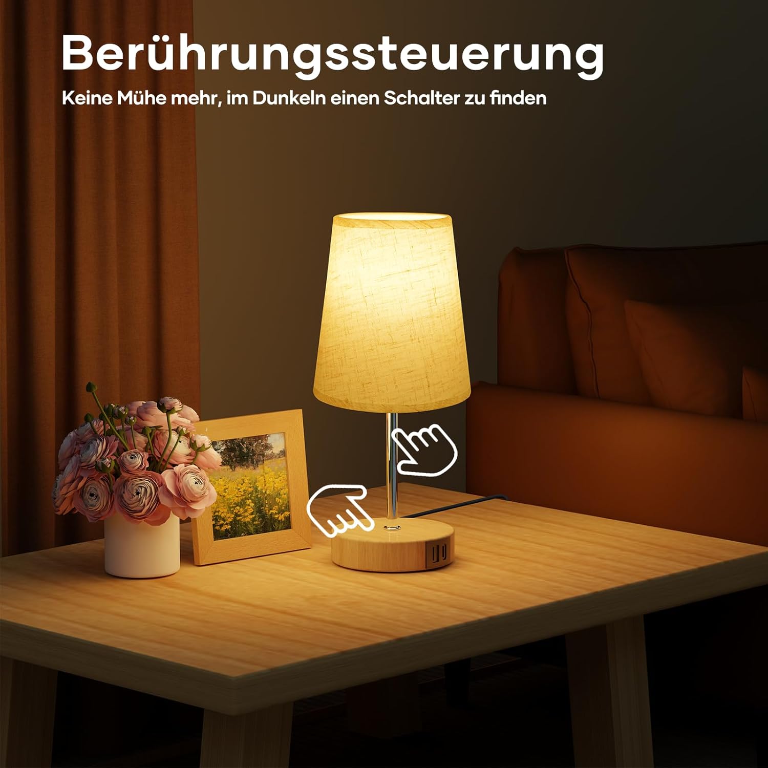 Thumbnail 1 de Suright Nachttischlampe Touch Dimmbar mit USB-Ladeanschlüssen – Leinen-Lampenschirm, Holzsockel, LED inklusive