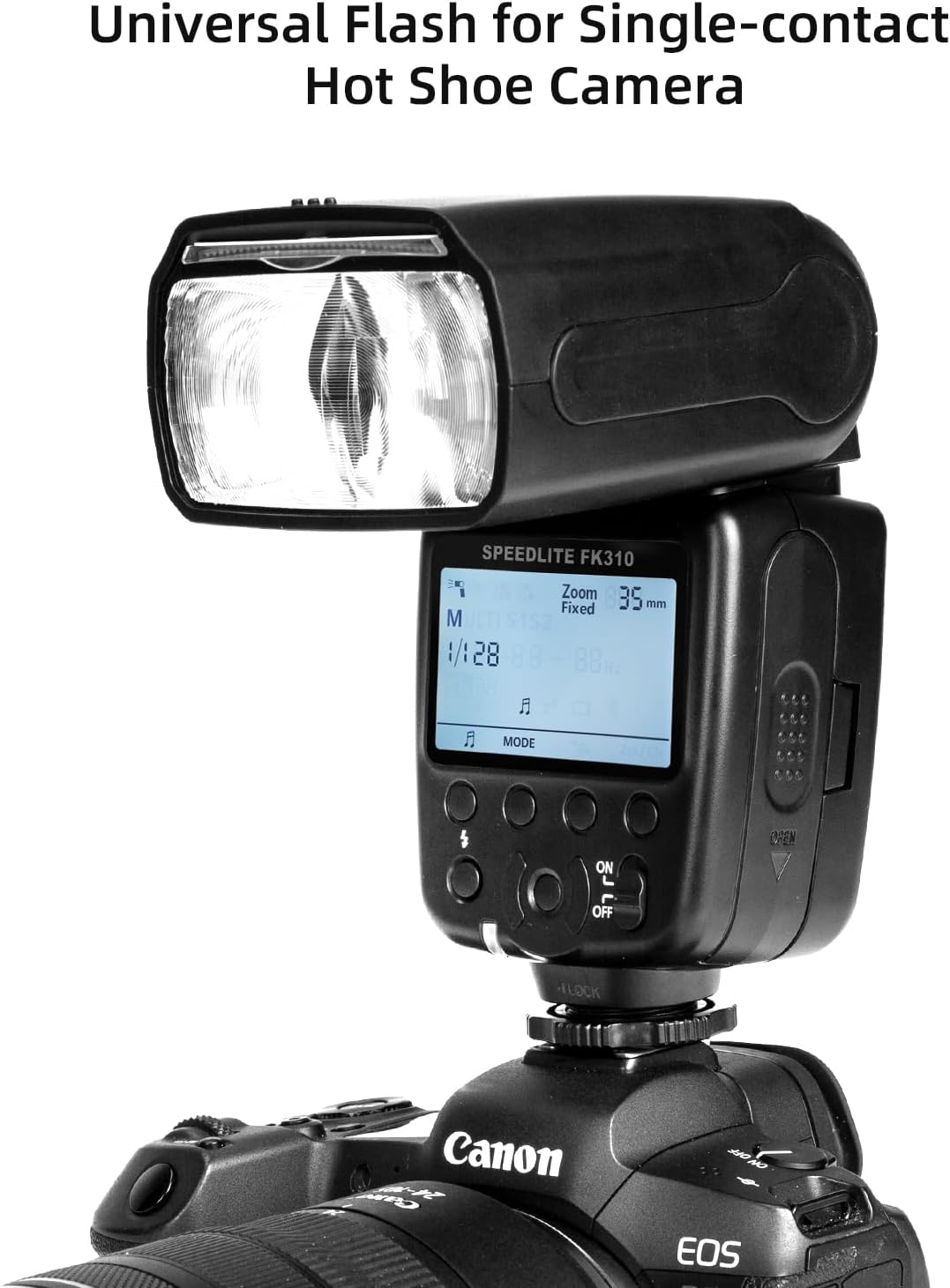 Detalle 2 de PHOTOOLEX FK310 LCD Speedlite con slitta hot shoe e modalità manuale/S1/S2 per Canon, Nikon, Sony e altre reflex mirrorless