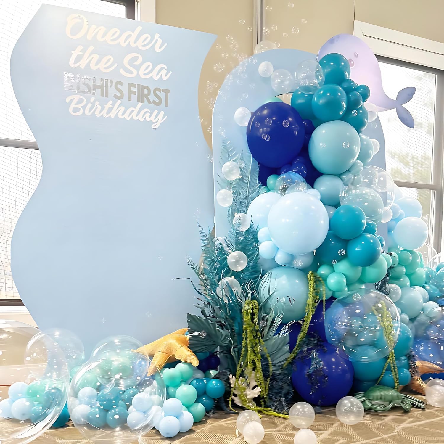 Detalle de 166Pcs Ocean Animals Blue Balloon Arch Kit – Light Blue to Teal and Orange Balloons for Under The Sea Party