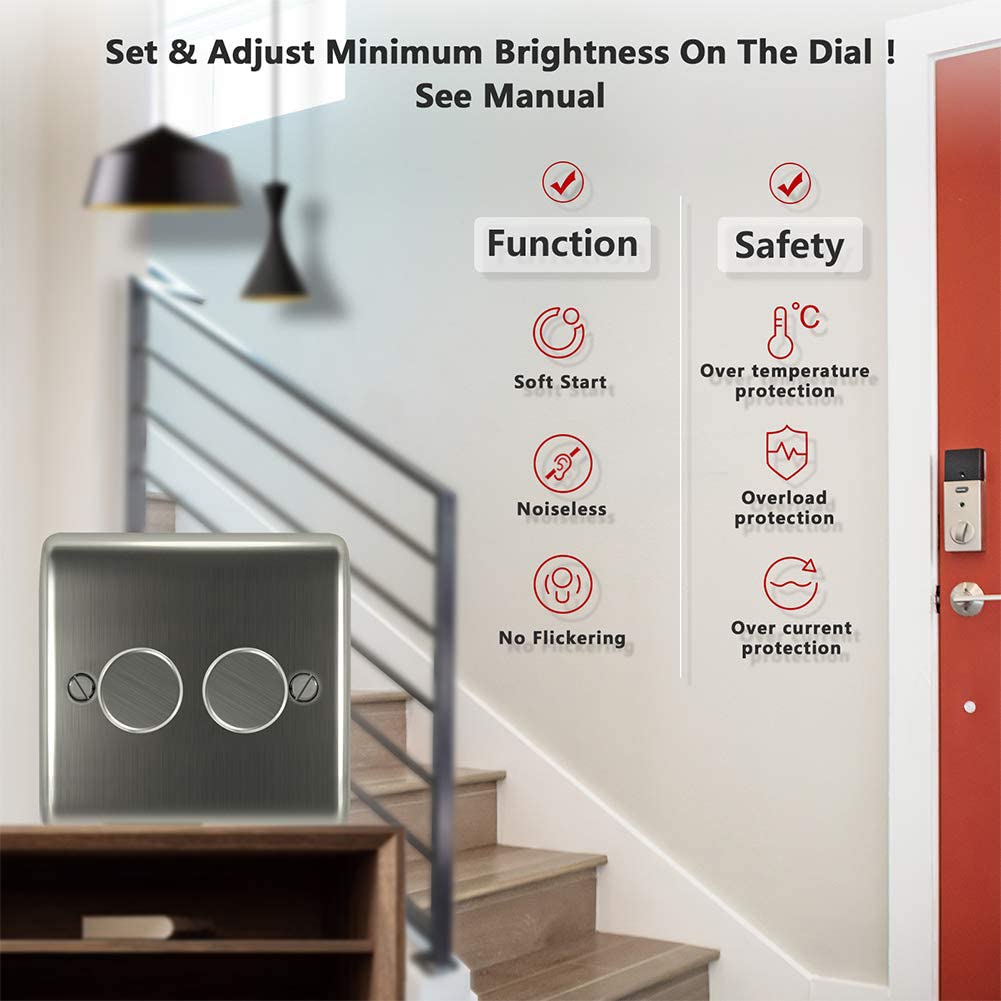 Detalle de iolloi LED Dimmer Switch 1/2 Gang: Dimmable Rotary On/Off, 0–100% Dim, Brushed Steel