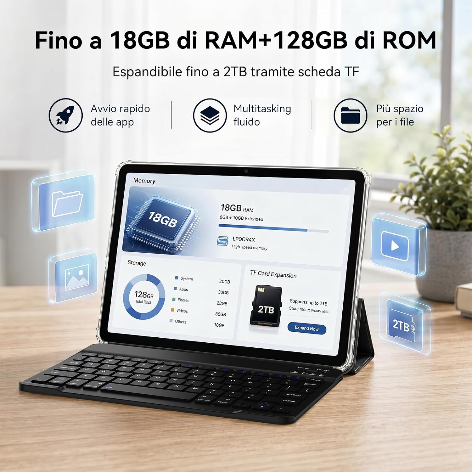 Thumbnail 3 de TABWEE Tablet 2 in 1 con tastiera, pennino e AI Gemini – 18 GB RAM, 128 GB ROM, schermo da 10.1" e 2 TB espandibili