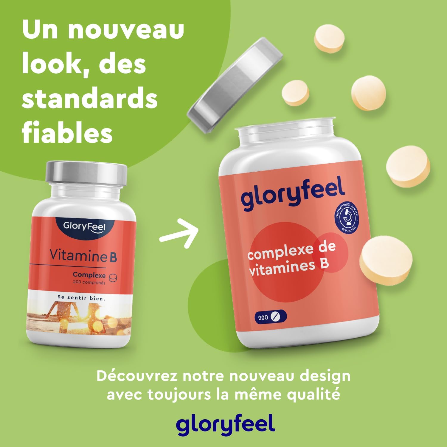 Detalle de Vitamine B Complex Gloryfeel – 200 comprimés végan, 8 vitamines B + 7 mois d’utilisation