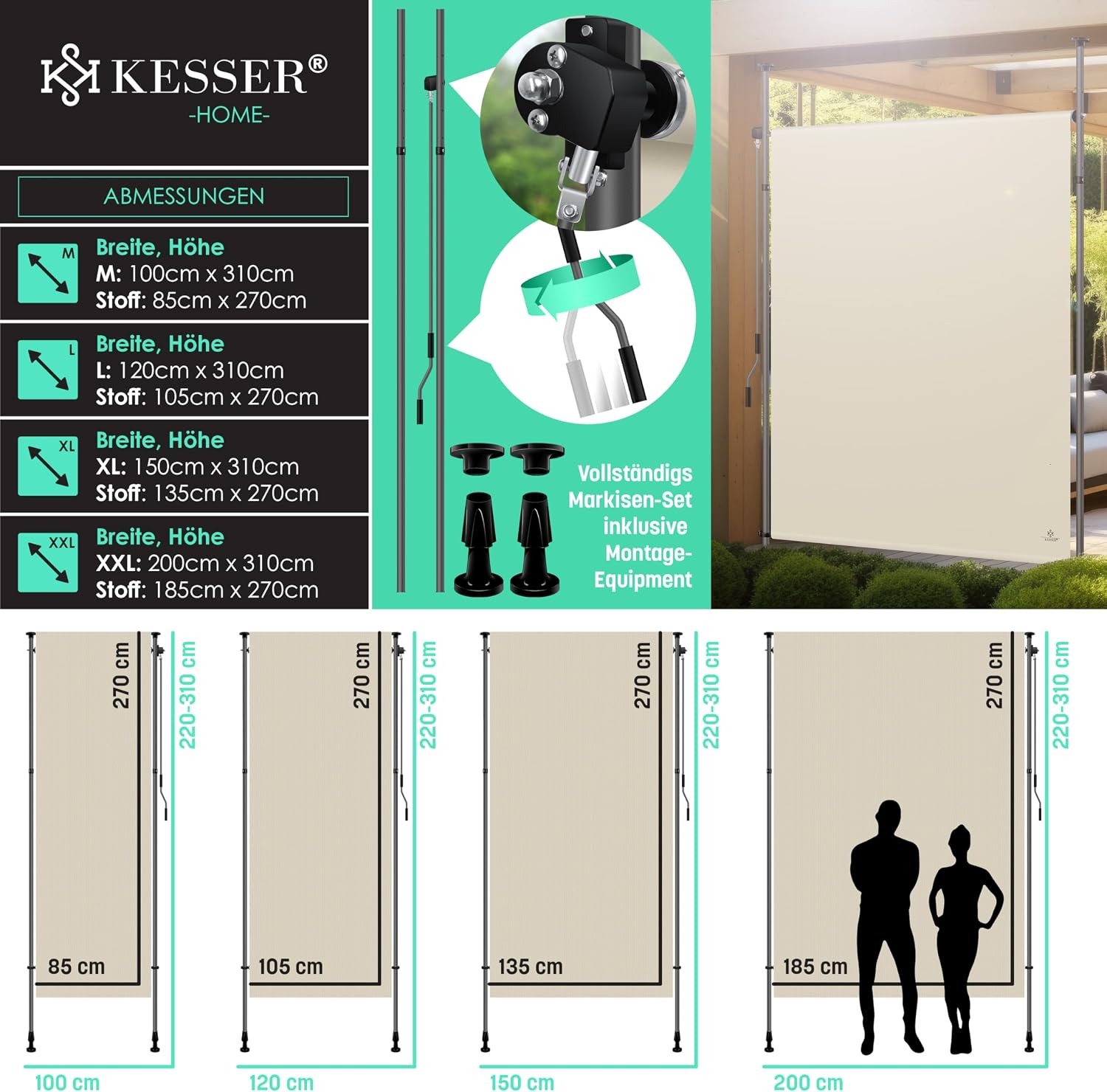 Thumbnail 6 de KESSER Klemmmarkise 120x310 cm – wetterfester Sichtschutz ohne Bohren, Wind- & Sonnenschutz