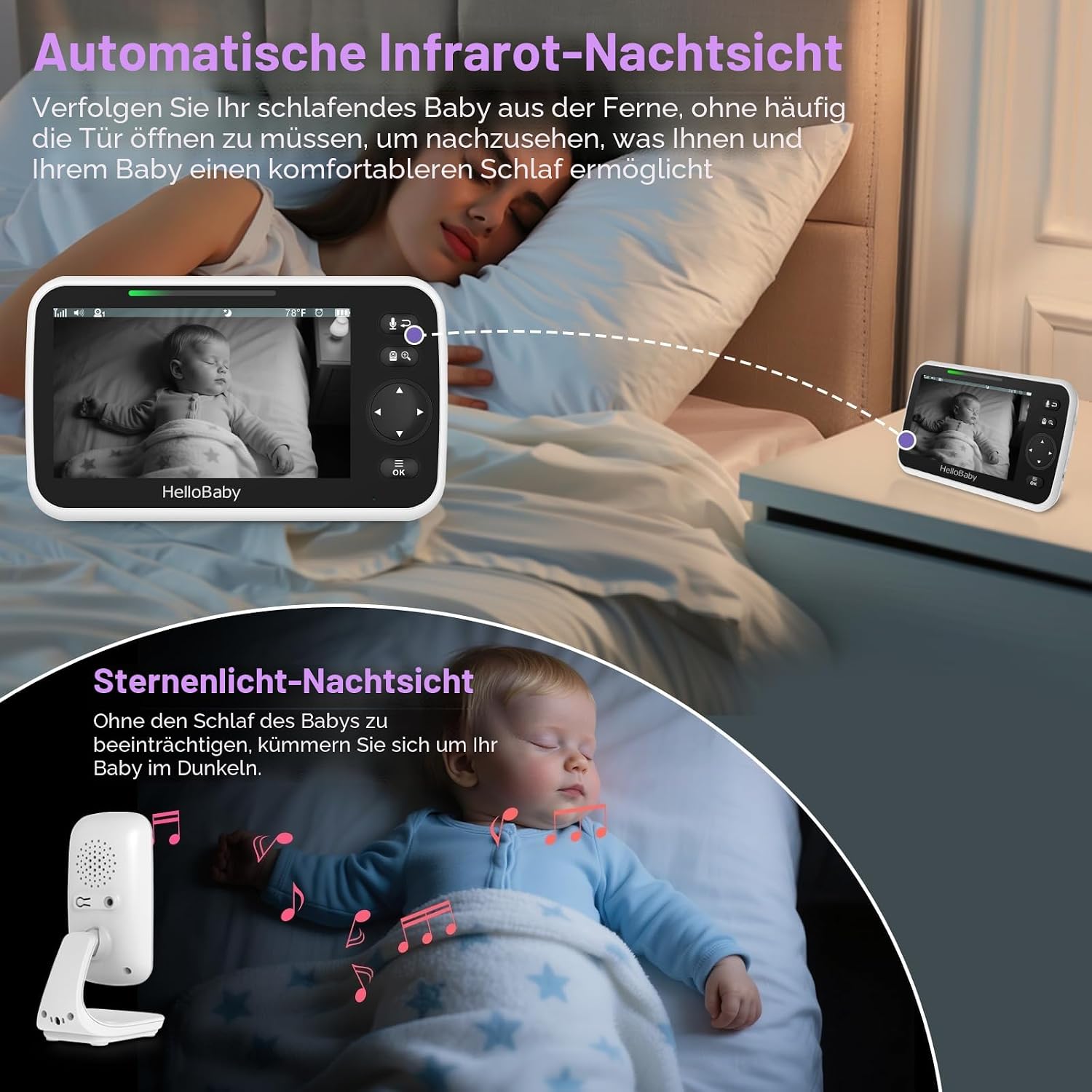Detalle de HelloBaby Babyphone Videokamera mit 5 Zoll LCD-Farbbildschirm, Nachtsicht und Temperaturalarm