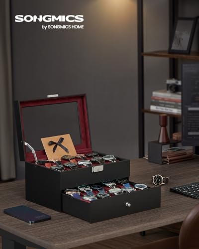 Detalle de SONGMICS BRIDIE JWB020R01 porta orologi a 2 livelli, 20 posti e coperchio in vetro