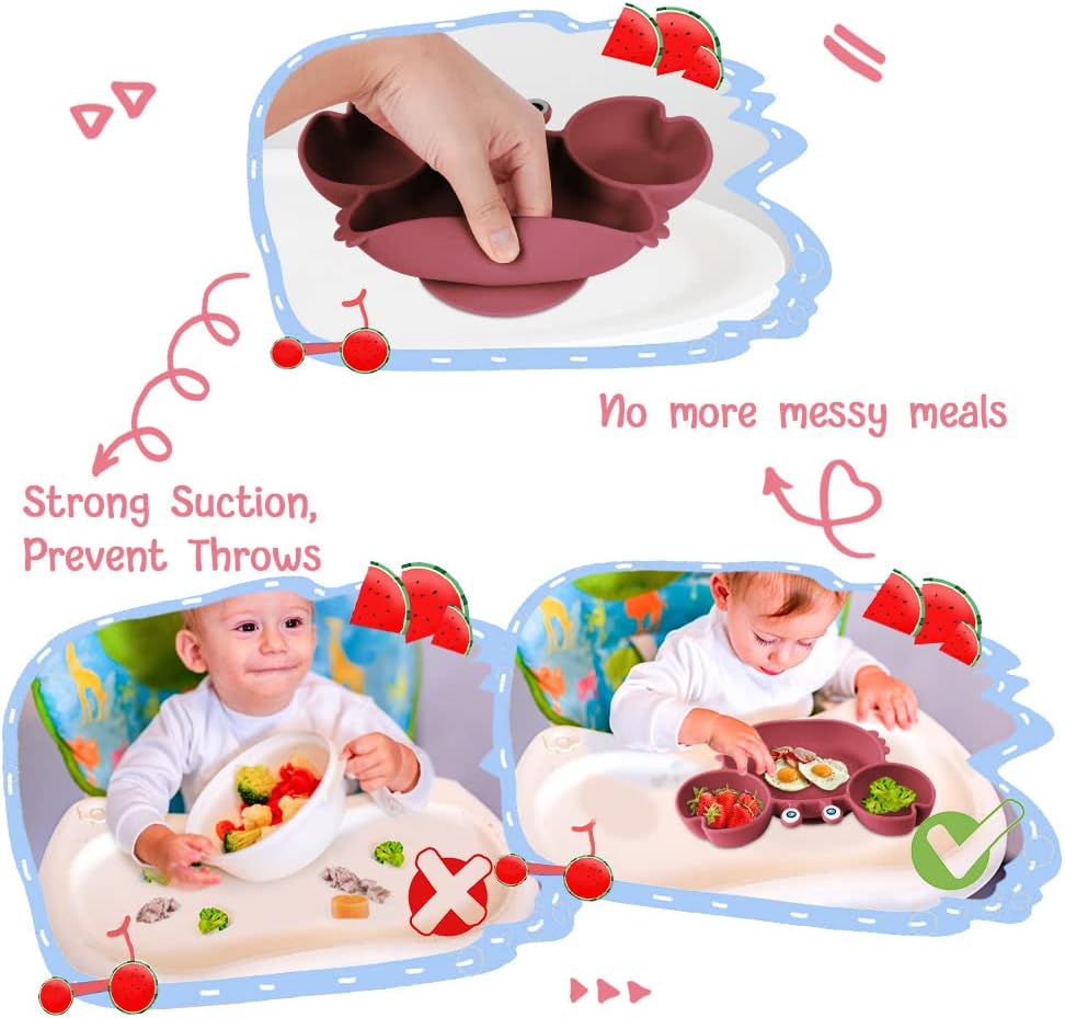 Thumbnail 4 de Vicloon Assiette Ventouse pour Bébé – 3 compartiments en silicone, lavable au lave-vaisselle et micro-ondes (Rose Rouge)