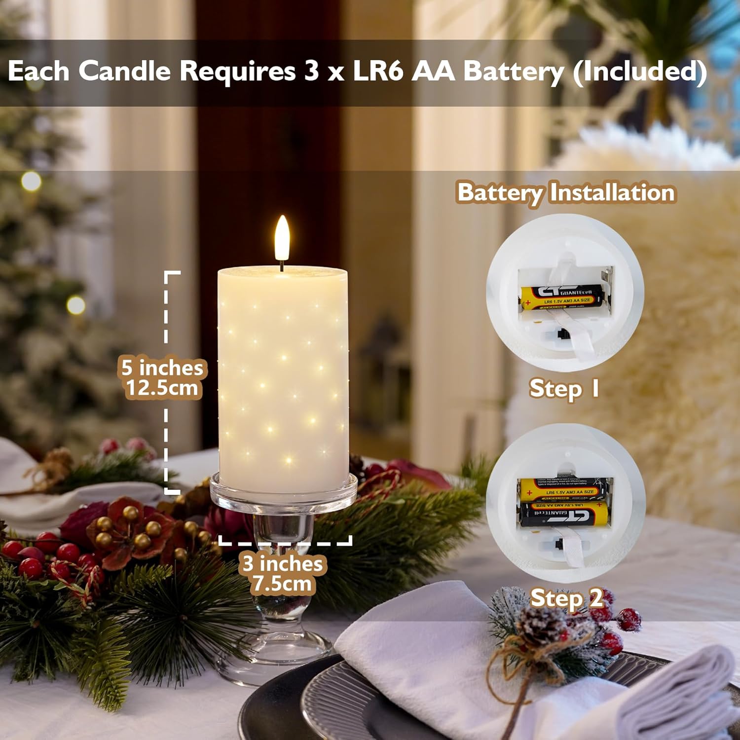 Detalle de Rhytsing White Real Wax LED Candles with Twinkle Fiber Optic Lights (Set of 2) – Battery Operated with Remote