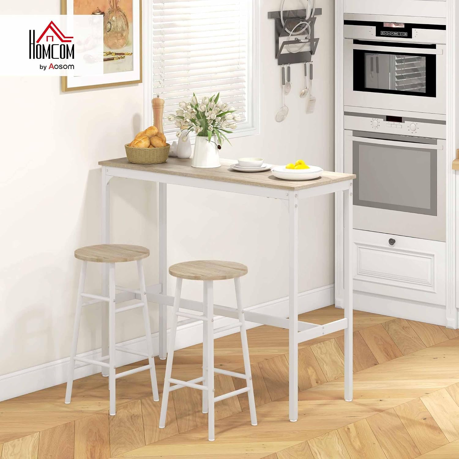 Thumbnail 1 de HOMCOM 83A-048V80AK Bar Table Set with Two Stools, Oak Effect