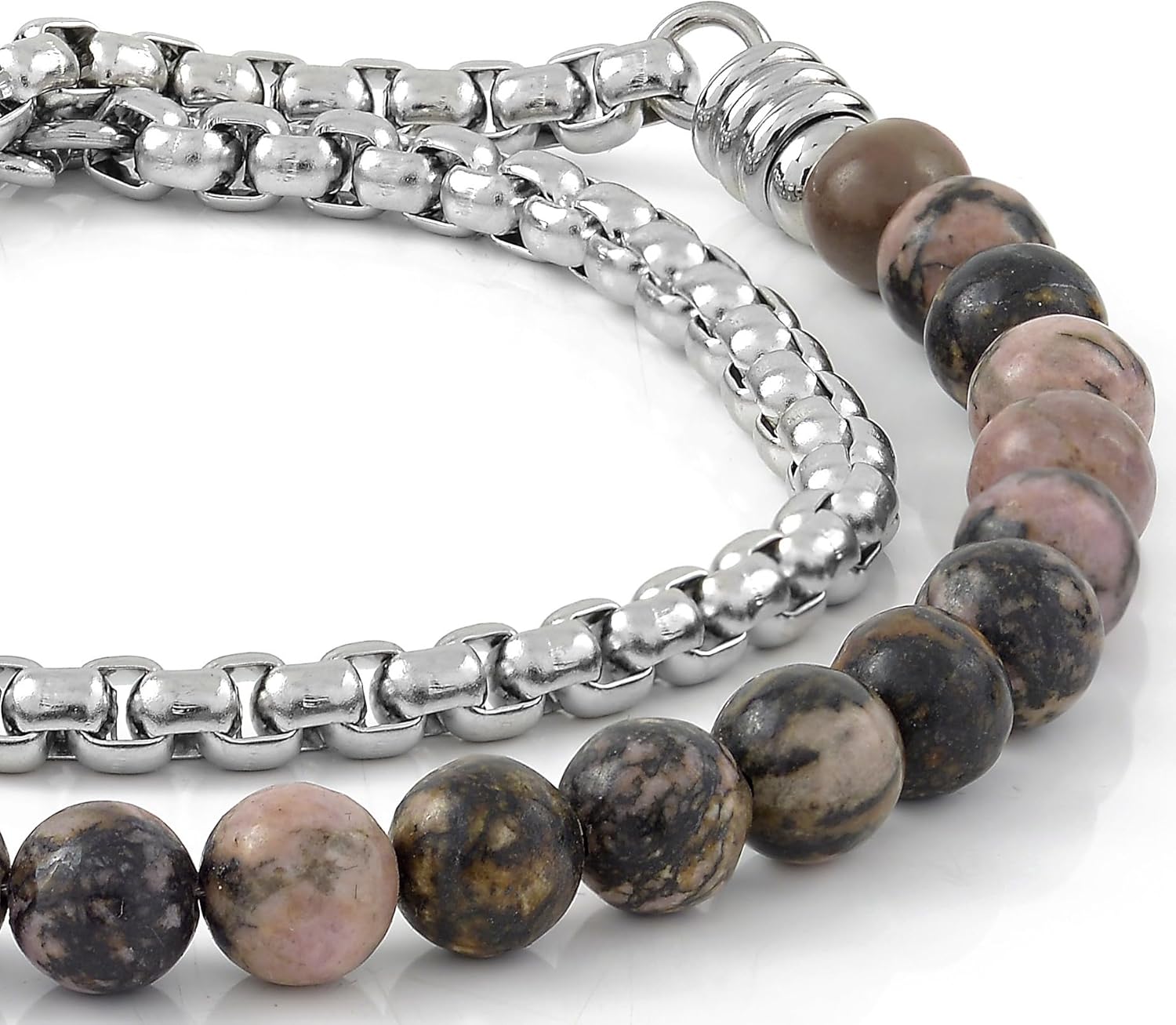 Detalle de Bracciale Unisex 10:10 con Pietre Naturali 6 mm e Catena Veneziana in Acciaio Inox – Made in Italy