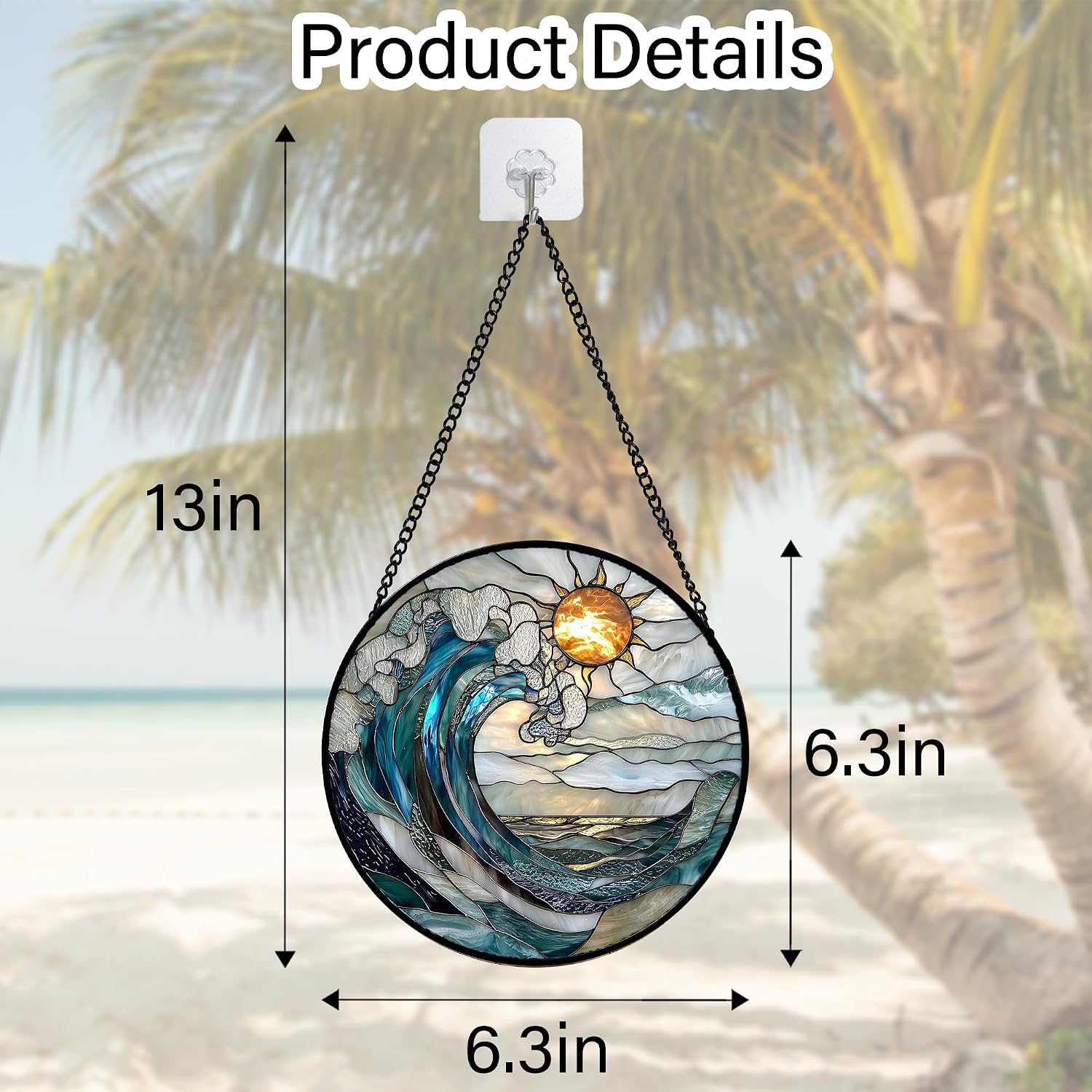 Detalle 1 de DASTOLL Blue and White Waves Stained Glass Suncatcher, 6.3-Inch Window Hanging