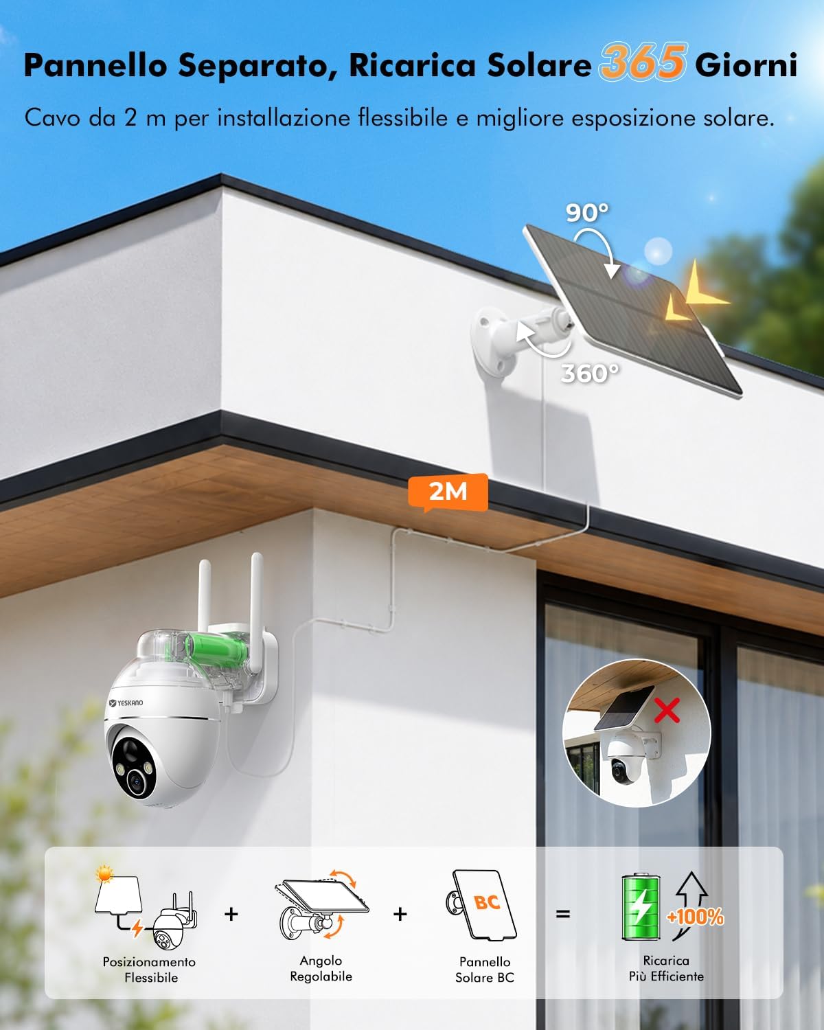 Detalle 2 de YESKANO 2K Telecamera Wi-Fi Esterno Solare 360° PTZ, Videosorveglianza a Batteria con Rilevamento Umano, Audio 2 Vie e Visione Notturna a Colori