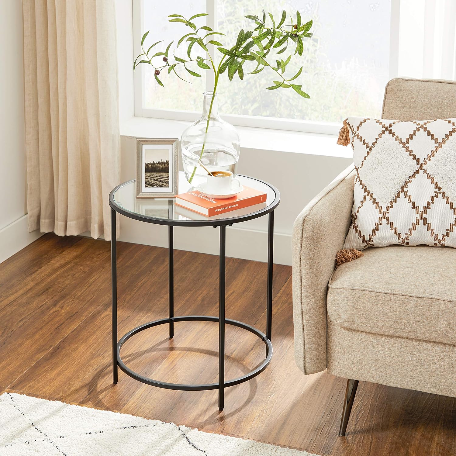 Detalle de VASAGLE BARIS LGT020B01 Round Side Table, Tempered Glass and Steel Frame