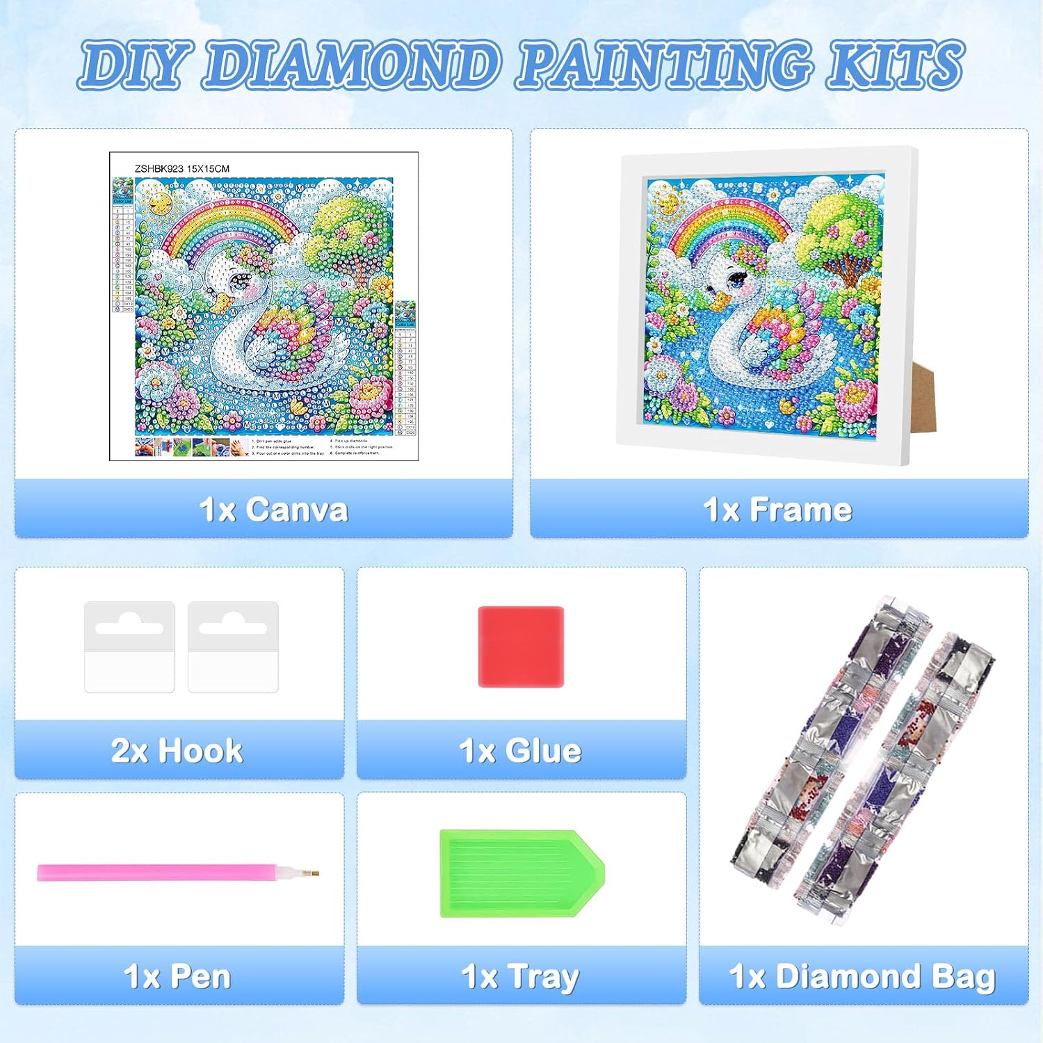 Detalle de BIGRIMA 5D Diamond Art Kit, 7x7-Inch Framed Rainbow Swan
