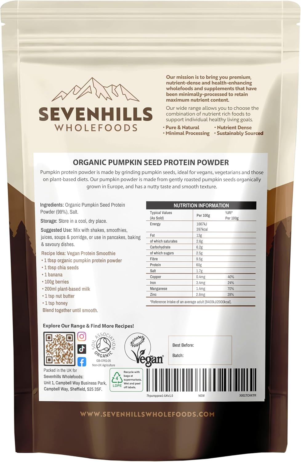 Detalle 2 de Sevenhills Wholefoods Pumpkin Seed Protein 900 g🥣
