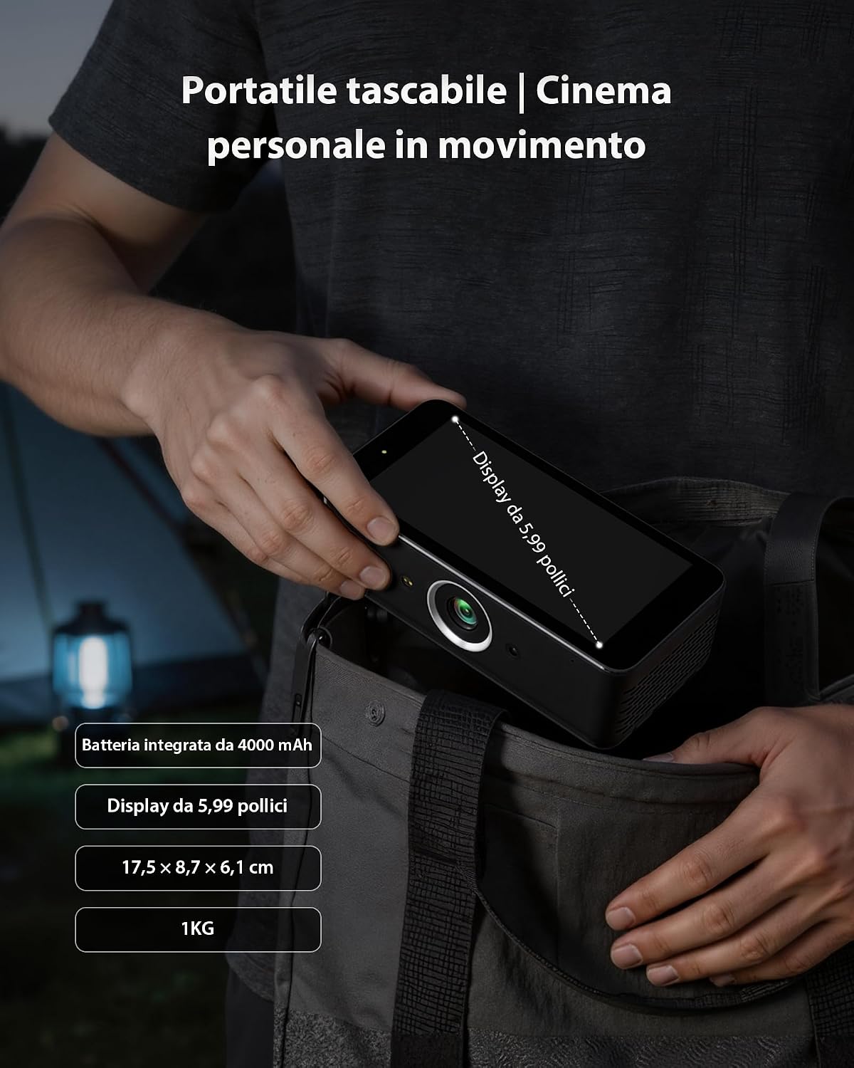 Detalle de Estelle One Proiettore 4K con 64GB, Android 12, schermo touch 5,99" e batteria integrata