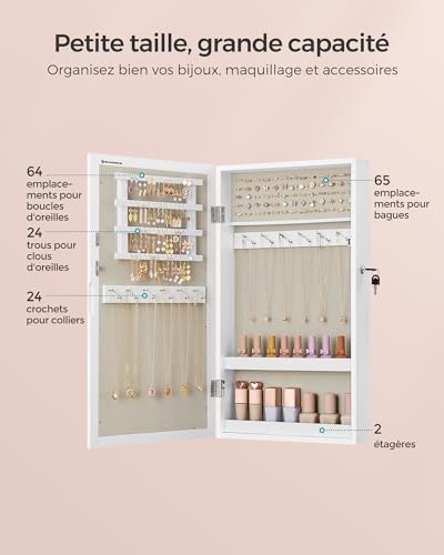 Detalle de SONGMICS Armoire à Bijoux Murale JJC051W02 — Miroir intégrant rangement compact et serrure