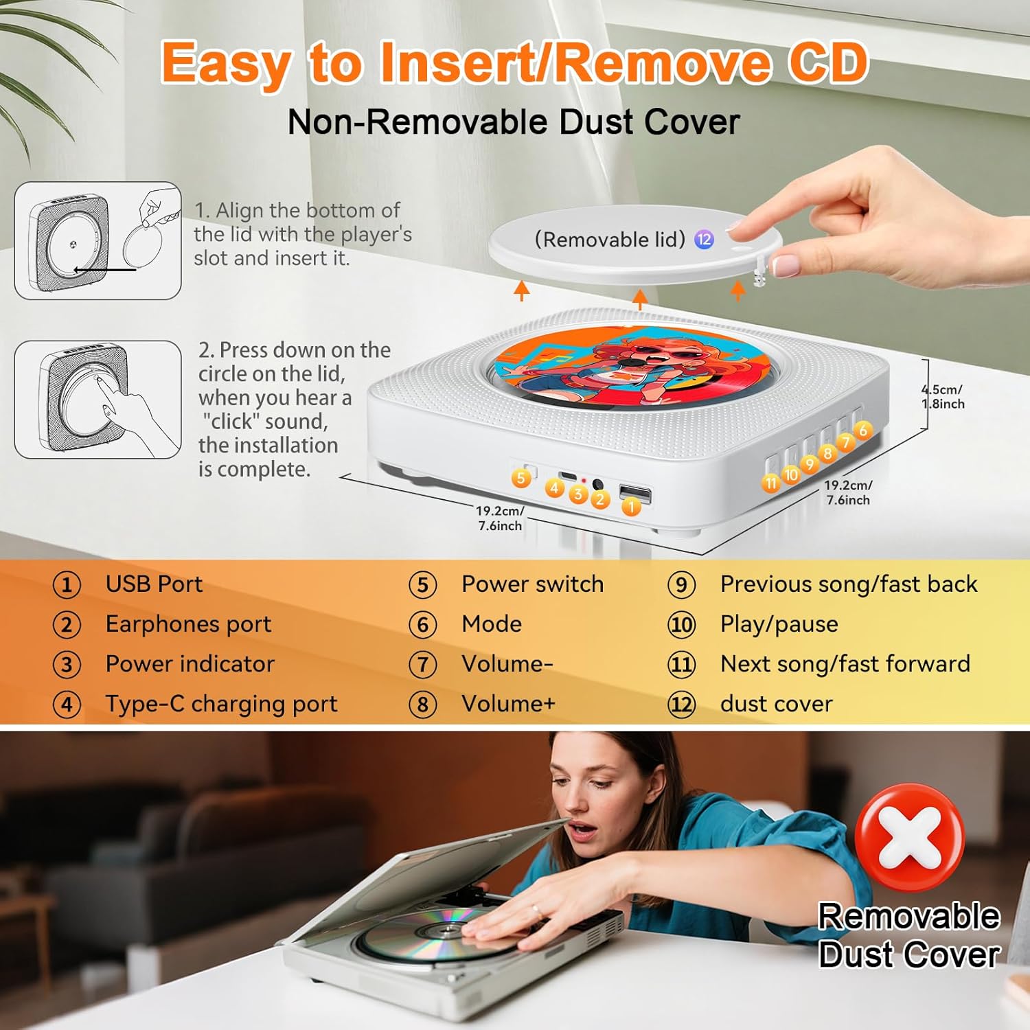 Thumbnail 6 de Gueray portable Bluetooth CD player with rechargeable battery, FM radio, USB & AUX