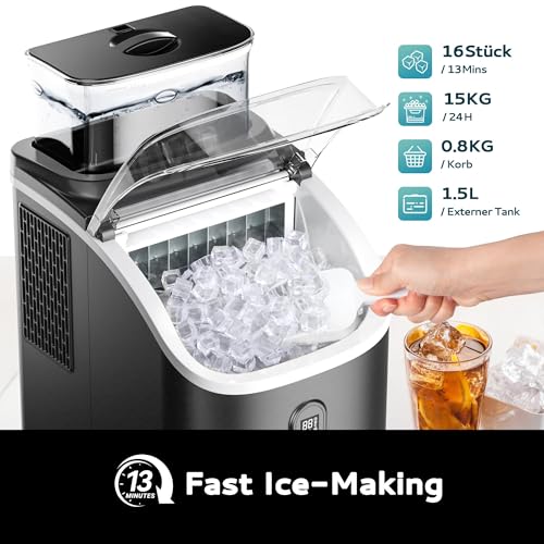 Detalle 2 de EUHOMY Eiswürfelmaschine für die Arbeitsplatte – 15 kg Kapazität, 2 L Wassertank, 16 Eiswürfel in 13 Min