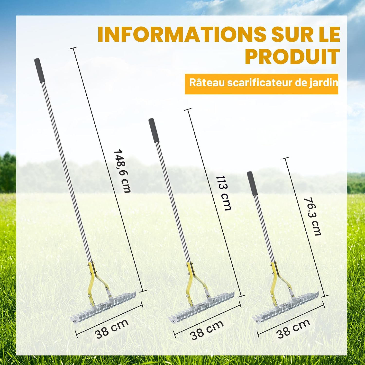 Detalle de BARAYSTUS Râteau à paille et gazon avec poignée réglable 148 cm – peigne polyvalent et robuste