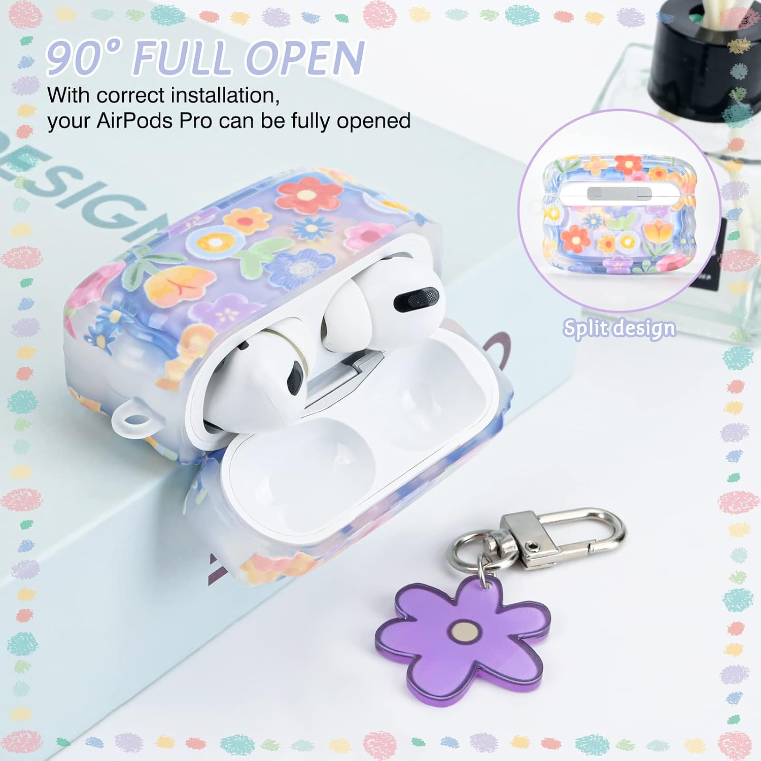 Detalle 2 de Newseego AirPods Pro Case Cover: Cute Flower Pattern with Wave Frame, Soft TPU & Keychain